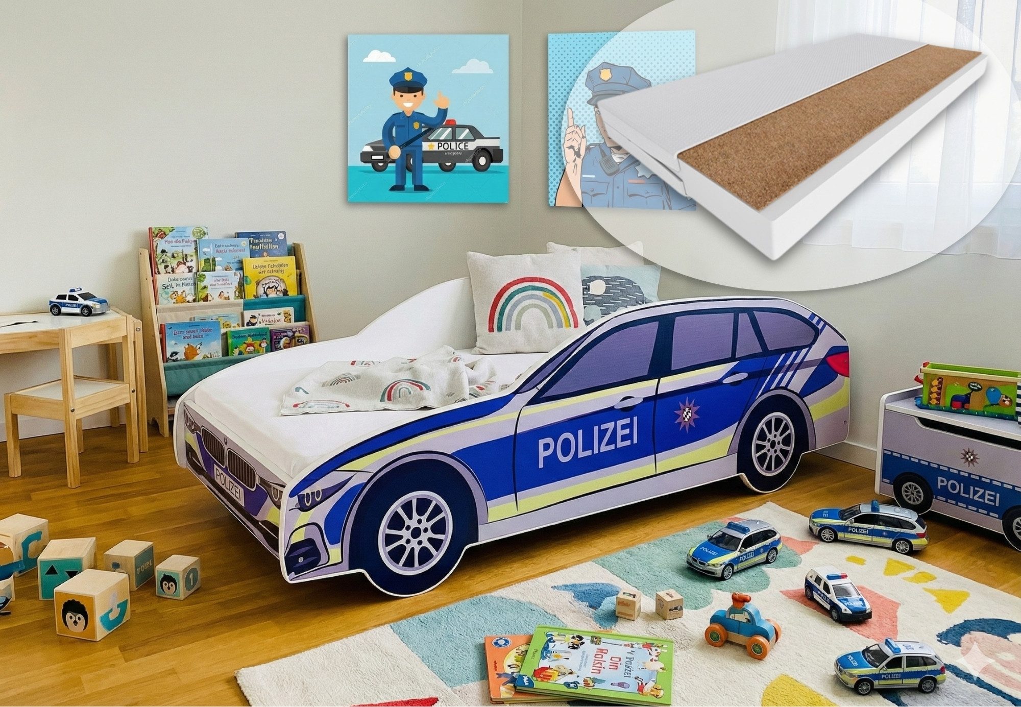 Kids Collective Autobett Kinderbett Jugendbett Polizei 70x140, 80x160 cm mit Rausfallschutz, Polizeiauto Polizisten Kinderspielbett mit Kokos-Matratze 80x160 cm
