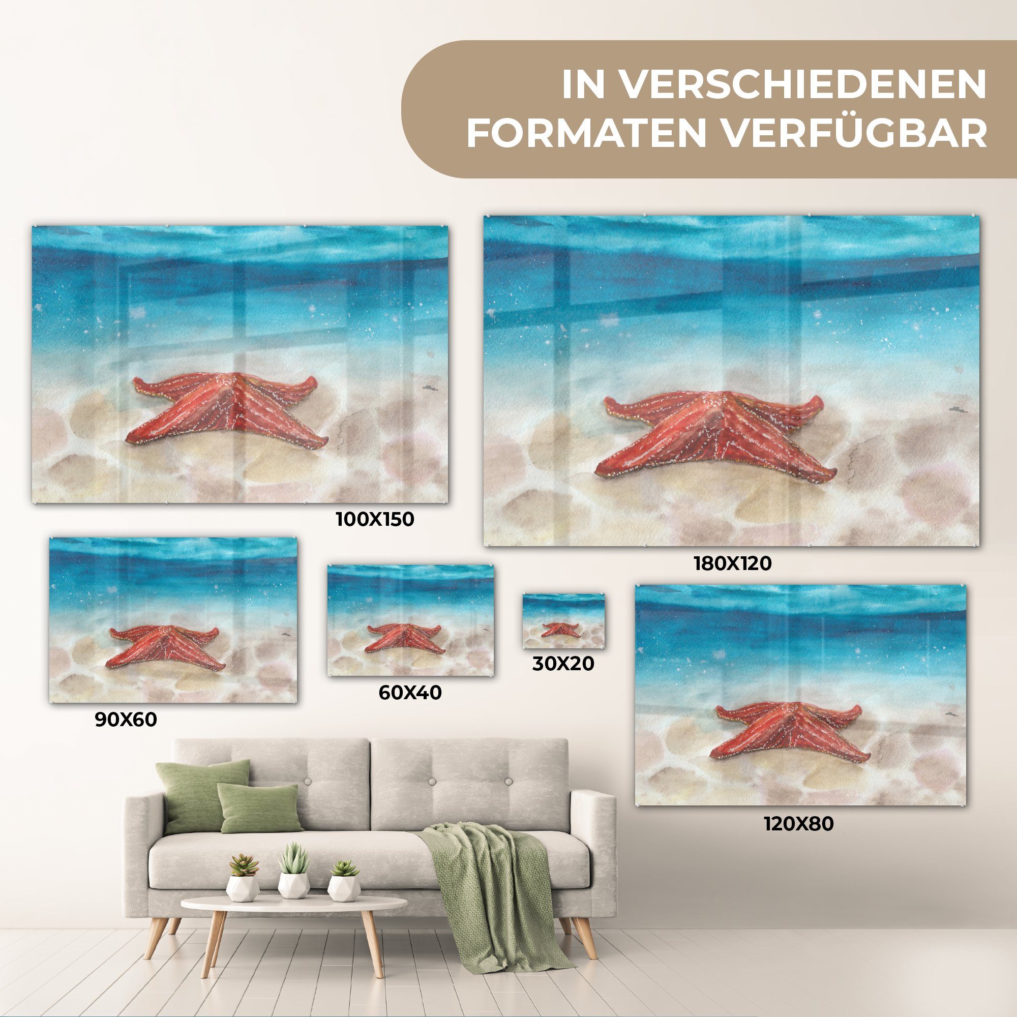 (1 - Aquarell Acrylglasbilder Schlafzimmer Seestern, & St), MuchoWow - Meer Wohnzimmer Acrylglasbild
