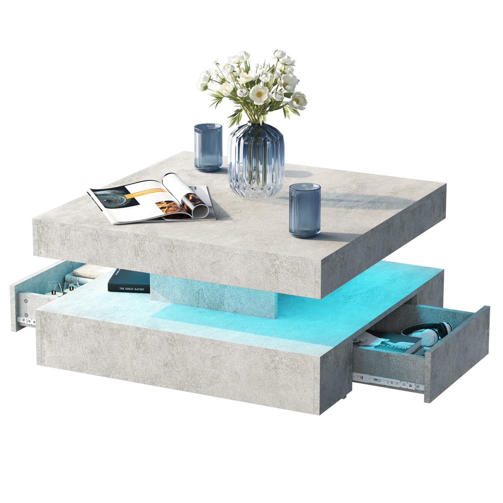 radelldar Couchtisch mit LED-Beleuchtung, 2 Schubladen und verdecktem Stauraum (1-St), Wohnzimmertisch matt 78x78x40 cm