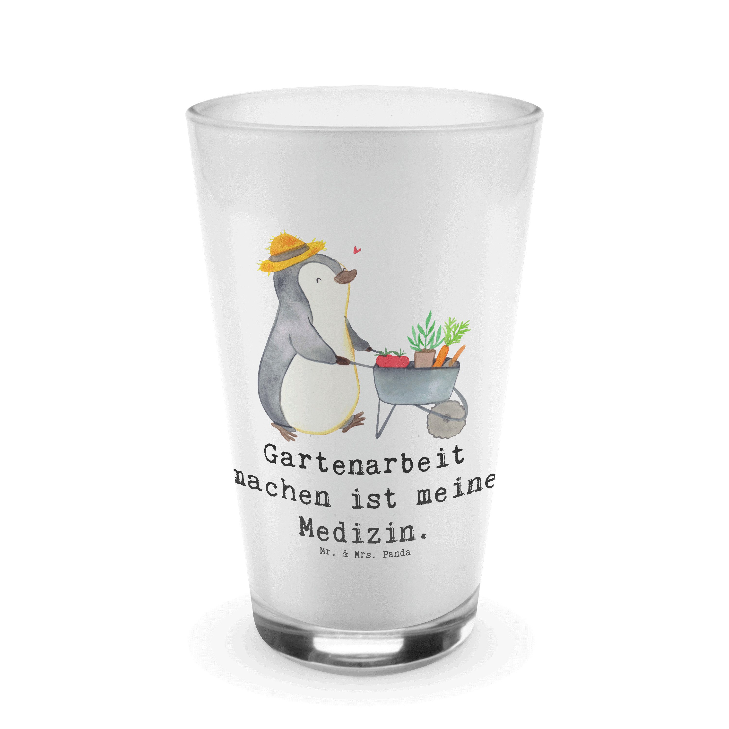 Mr. & Mrs. Panda Glas Pinguin Gartenarbeit - Transparent - Geschenk, Gartenpflege, Latte Ma, Premium Glas, Edles Matt-Design