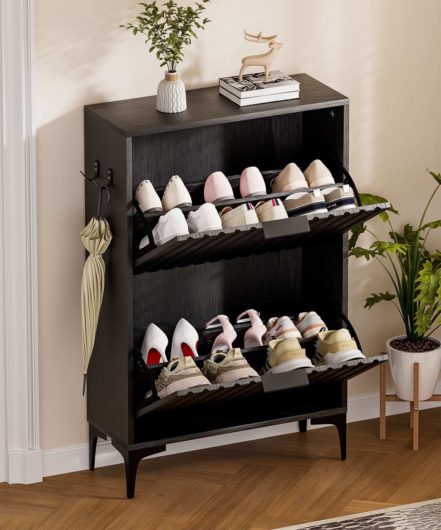 Yorbay Schuhschrank Schuhkipper mit 2 Klappen (60x23.5x94 cm) verstellbare Trennwände, mit Seitenhaken & Kippschutz