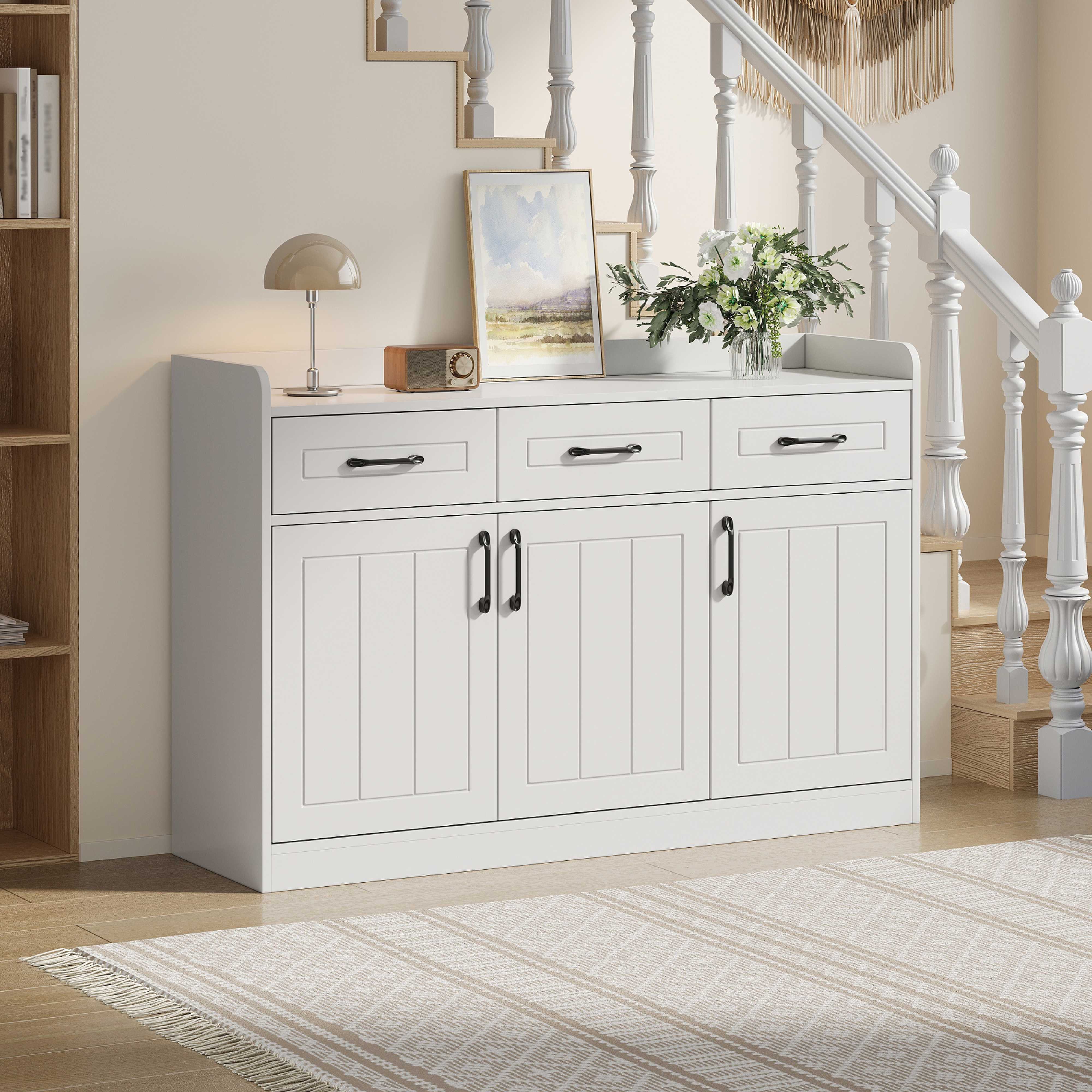 BlingBin Wohnwand Wohnzimmerschrank mit 3 Schubladen & 3 Türen, (1-St., Flurschrank/Anrichte, Beistellschrank 120x35x80 cm Weiß), verstellbare Einlegeböden, Streifenfront, schwarze Griffe
