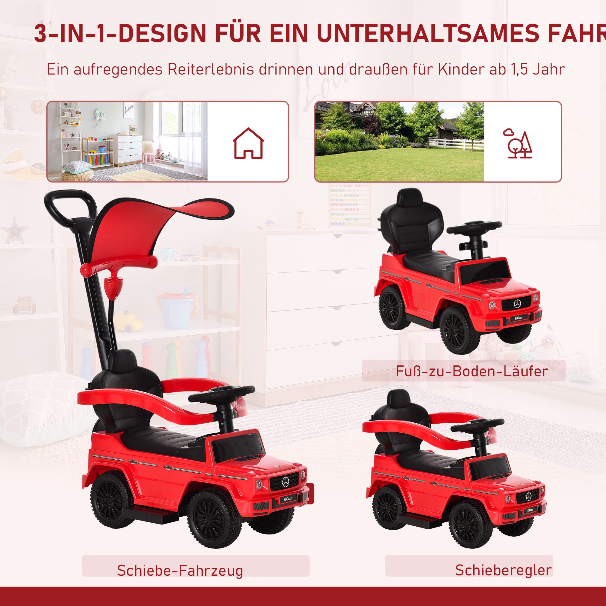 HOMCOM Rutscher Rutschfahrzeug mit Lenkrad, Kinderfahrzeug mit Hupe Fußstütze, (3-in-1 Schiebeauto, 1-tlg., Rutschauto mit Schiebstange), für Kinder von 18 bis  – Bild 4 von 5