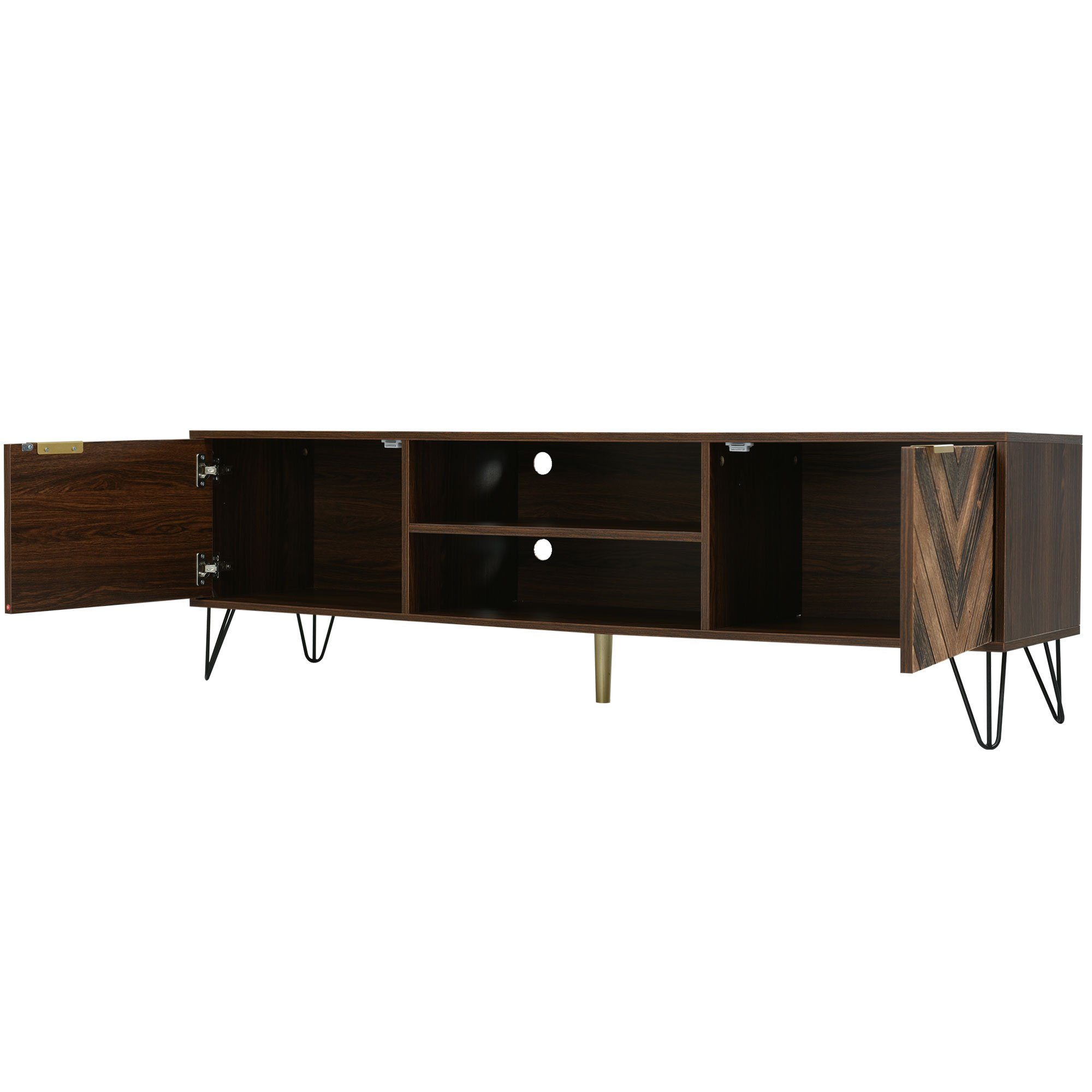 Merax Lowboard mit Fischgrätenmuster Dekor und Eisenfüße, TV-Schrank mit magnetischen Türen,Fernsehtisch,B/H/T: 160/48/38cm – Bild 4 von 5