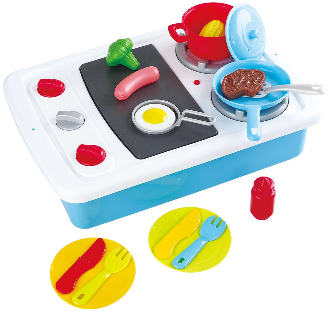 Play Kinder-Herd Tisch-Herd-Set 2in1 21-tlg. mit Gaskochfeld Grillplatte u. Zubehör +2J