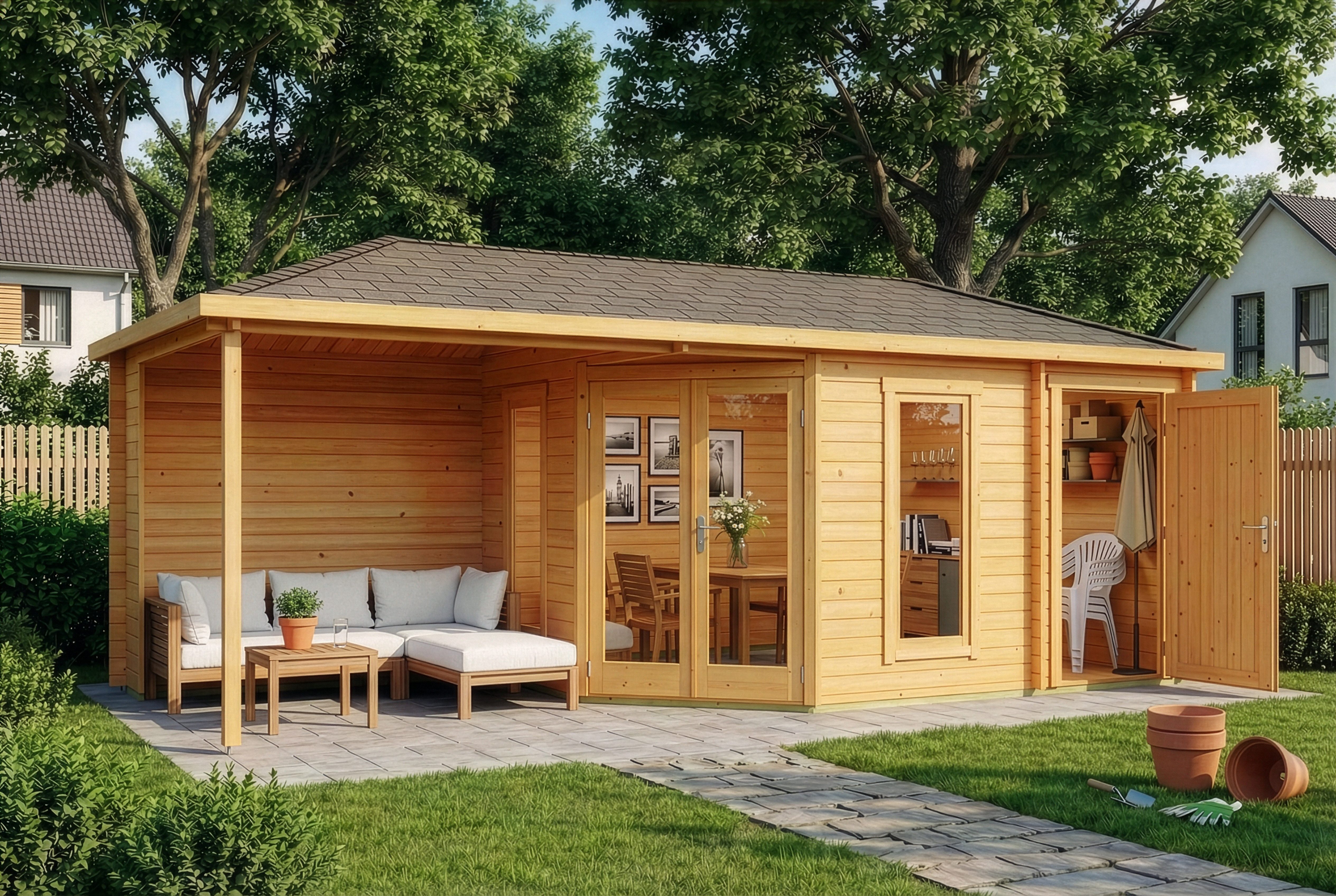 Alpholz Gartenhaus Holz 5-Eck Liwa mit Anbau, BxT: 728x317 cm, in Imprägniert (Pinie) mit 28mm Wandstärke