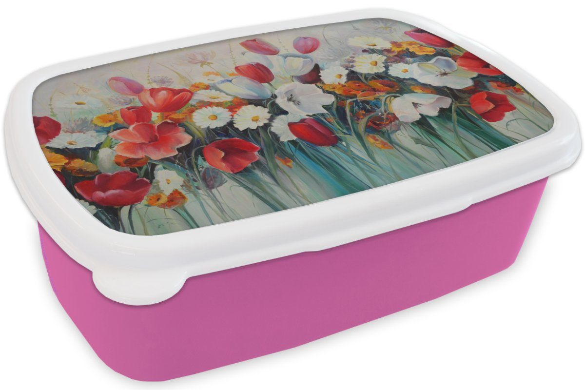 MuchoWow Lunchbox Brotdose Brotbox Mädchen, Blumen, Ölgemälde Erwachsene, Kunststoff, - rosa - Kinder, Snackbox, (2-tlg), Malerei für Kunststoff