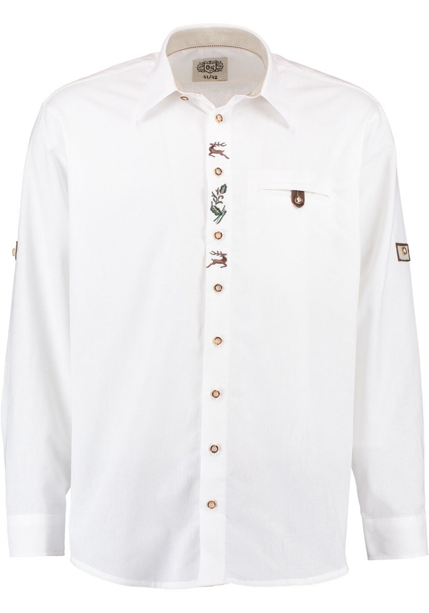 OS-Trachten Trachtenhemd mit Babuzi der Langarmhemd Hirsch-Stickerei Knopfleiste auf