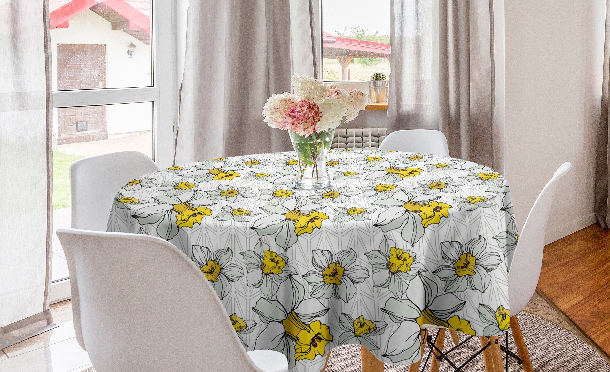 Floral Abdeckung Kreis Küche für Dekoration, Abakuhaus Tischdecke Gelb Narcissus Tischdecke Esszimmer Blooming