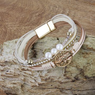 KARMA Lederarmband Damenarmband Leder braun gold mit Kristallen (Damenschmuck Armband Kristalle), Lebensbaum Damenschmuck Geschenk Lederarmband