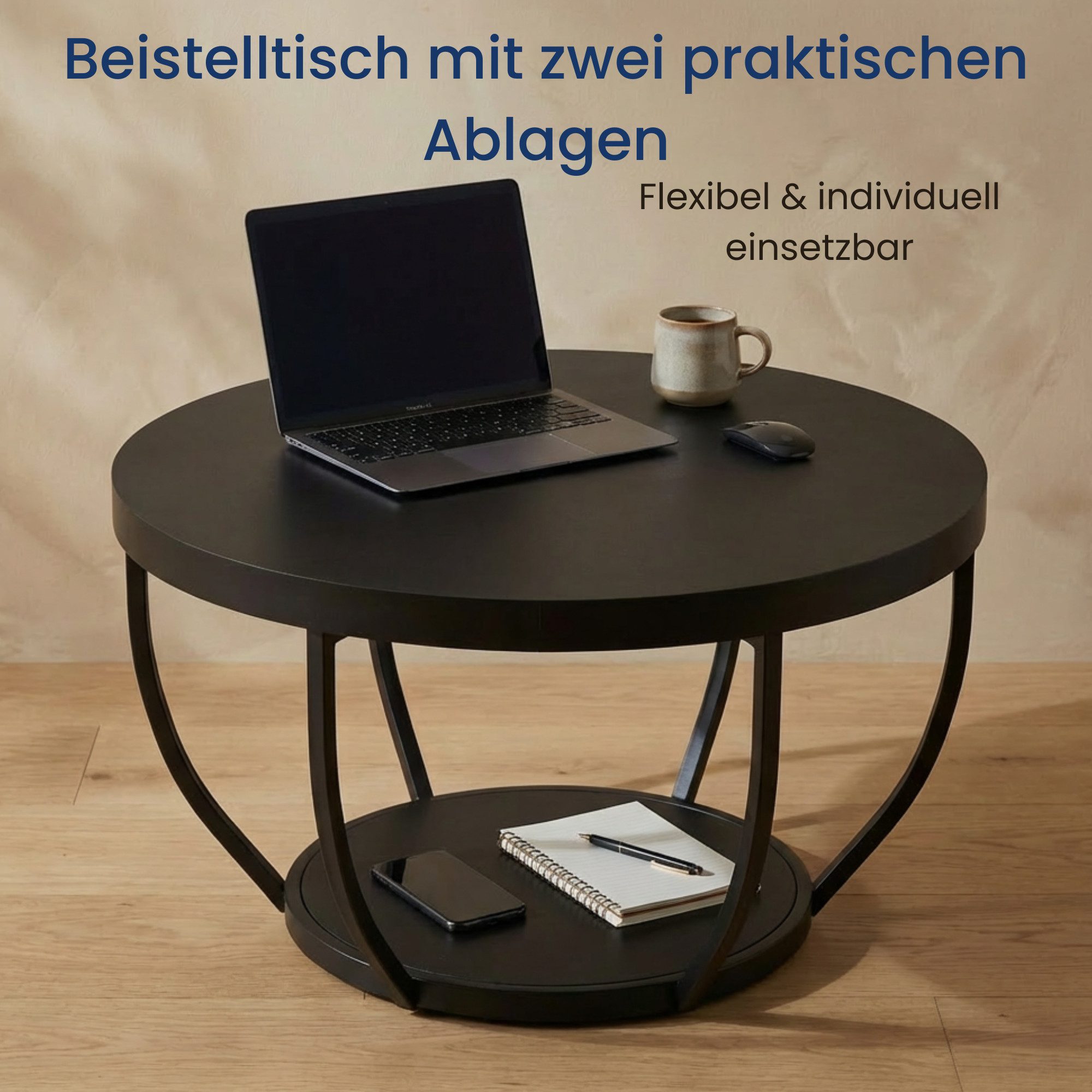 Home Collective Couchtisch Beistelltisch rund Ø 80 cm moderner Wohnzimmertisch mit 2 Ablagen (ideal als Büro Ablagetisch oder als Wohnzimmer Deko), hochwertiges – Bild 4 von 5