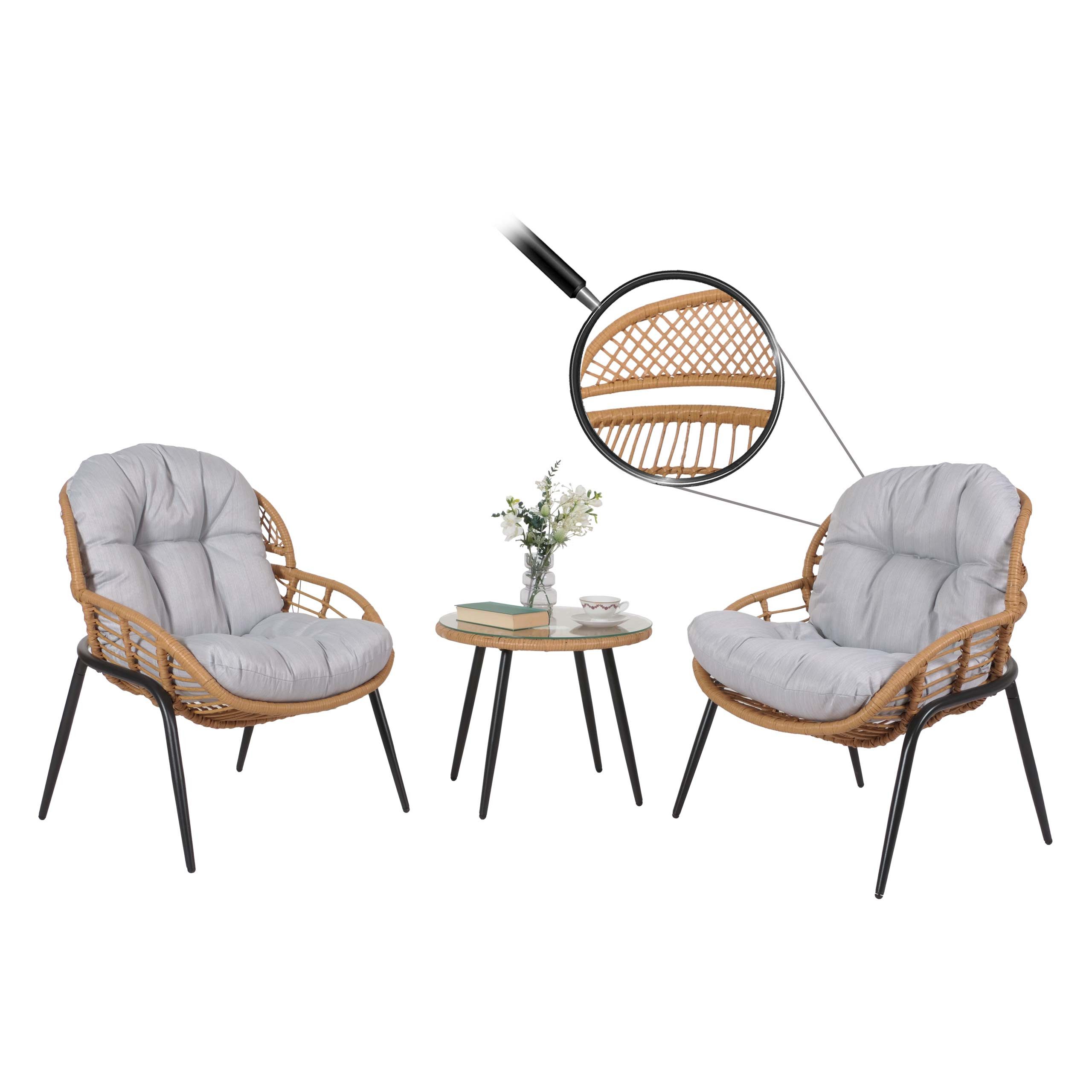 MCW Sitzgruppe MCW-N33, (Set, 3-tlg), Dichte Rattanstreben für mehr Komfort, Hohe Stoffqualität 210g/m²