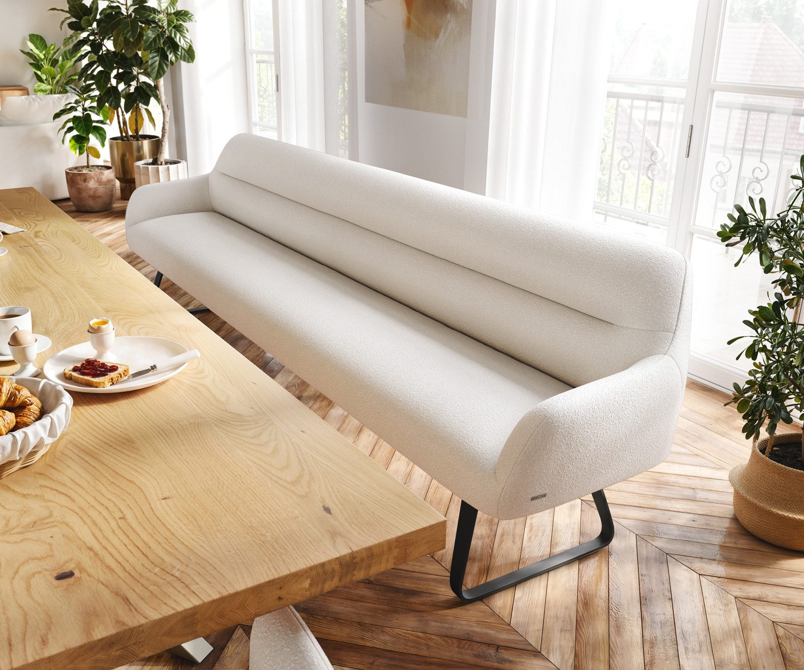 DELIFE Essbank Taya-Flex, 300 cm Kufengestell flach Schwarz Bouclé Creme-Weiß Taschenfederkern E