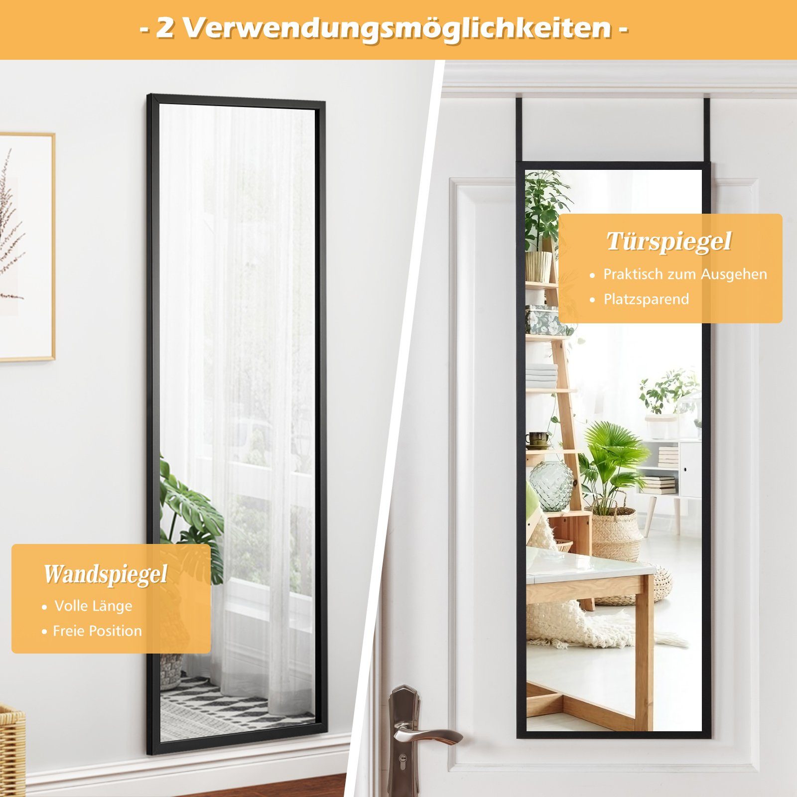 COSTWAY Wandspiegel, ganzkorper mit höhenverstellbaren Hängehaken, Flur