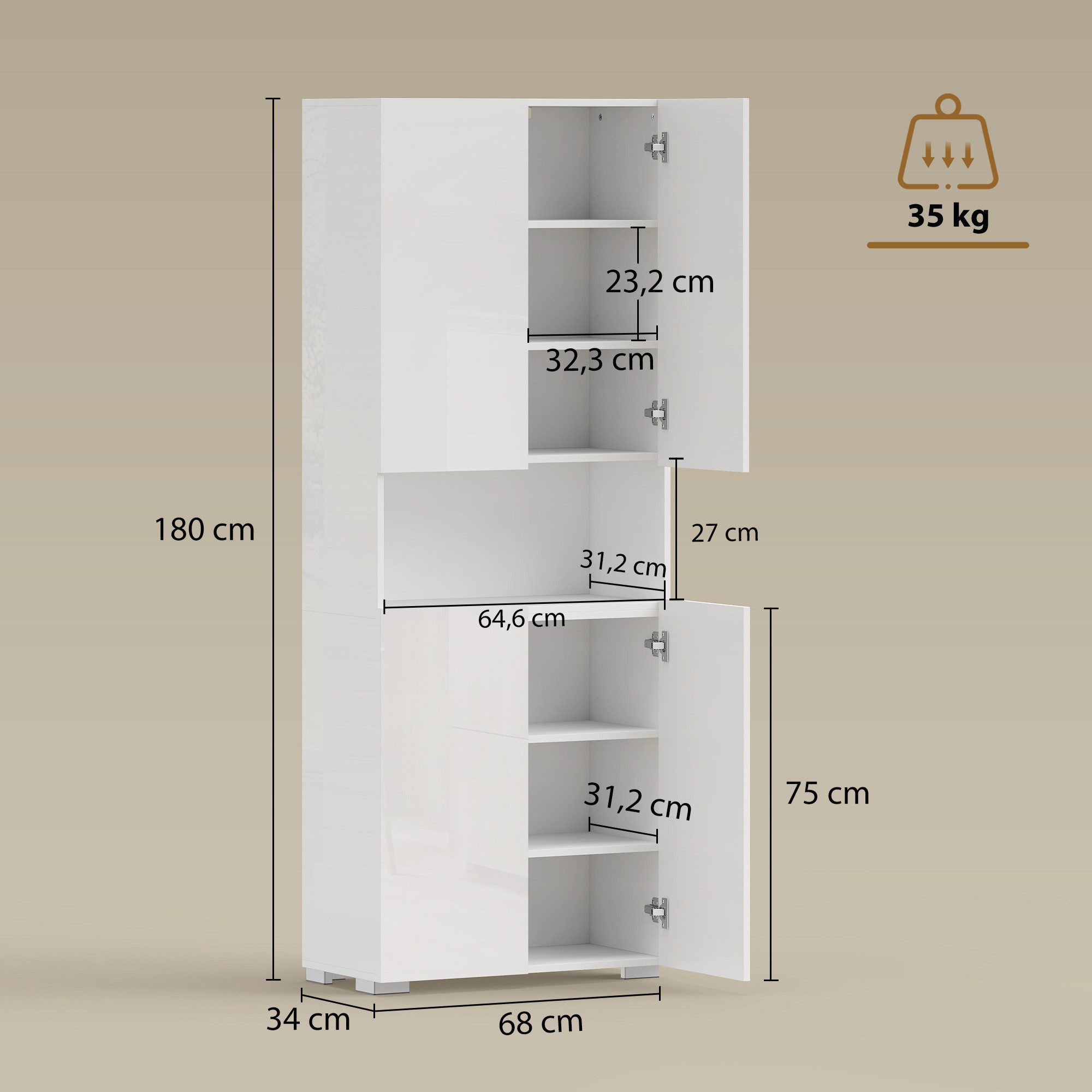 HOMCOM Küchenbuffet Soft-Close-Funktion Sideboard (Hochschrank, 1-St., Küchenschrank) für Esszimmer, Hochglanz Weiß 68x34x180cm