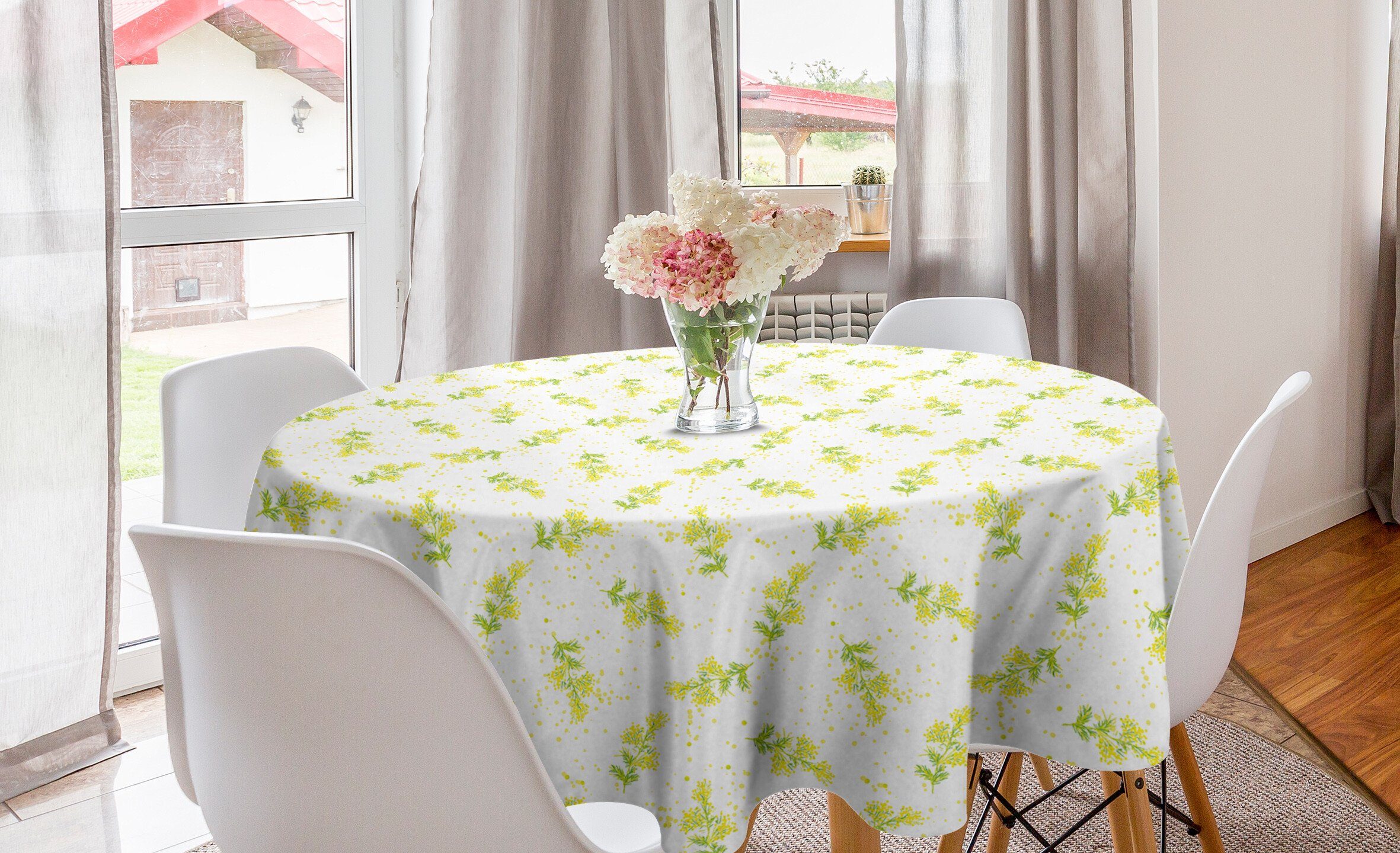 Abakuhaus Tischdecke Kreis Tischdecke Abdeckung für Esszimmer Küche Dekoration, Frühling Mimosa Zweige und Punkte