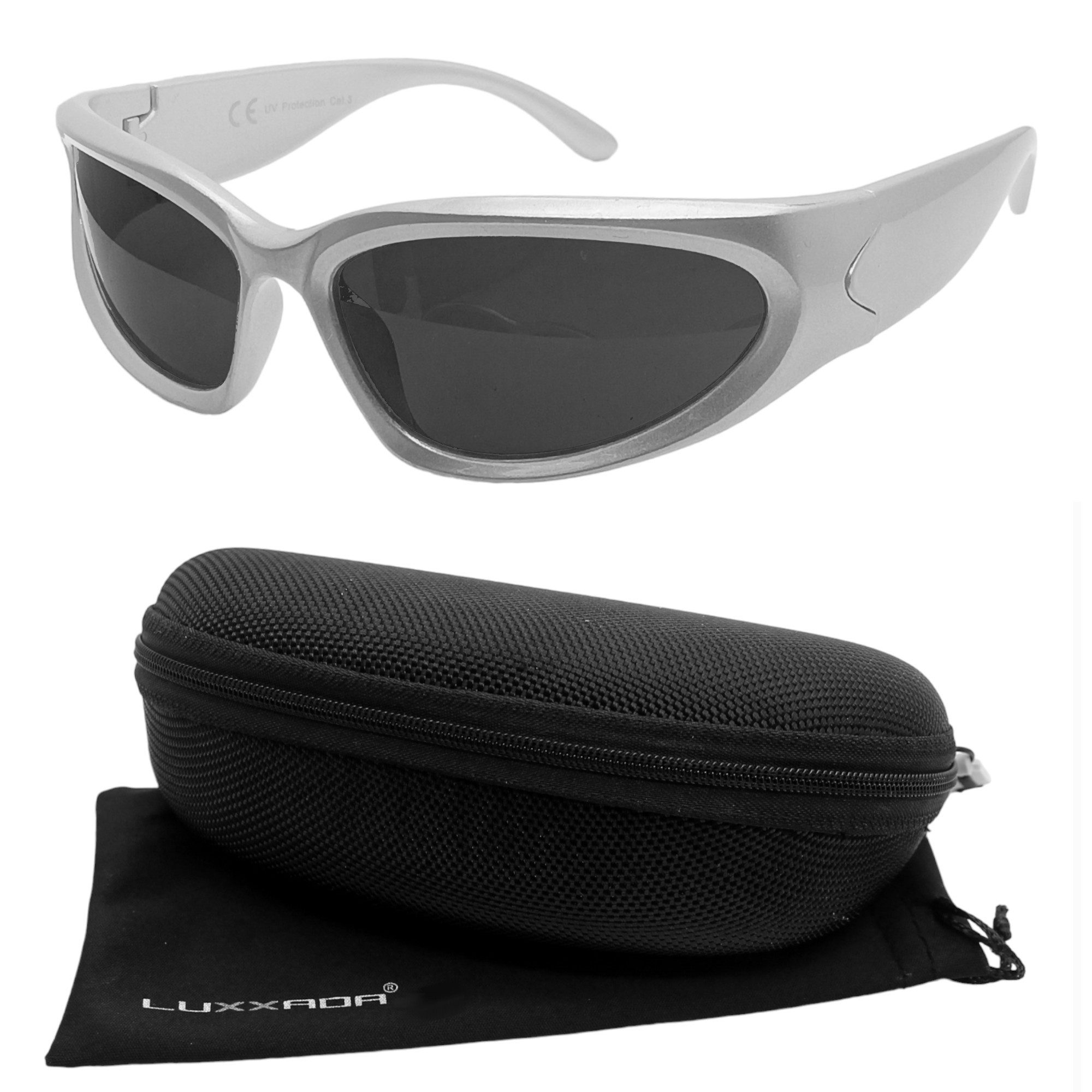 LUXXADA Sonnenbrille Herren schnelle Brille Damen Sportbrille mit Hardcase (Wrap Around Gestell in Silber) Schmale Gläser Oval UV400 Schwarz Getönt