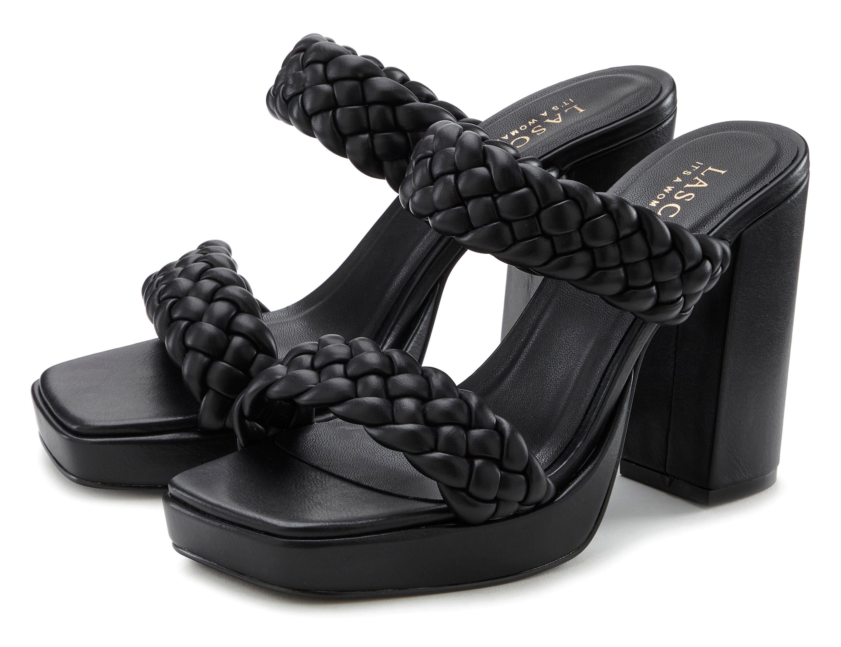 Pantolette schwarz LASCANA Riemchen Flecht-Design raffinierte Sandale, offener im Schuh, Mule,
