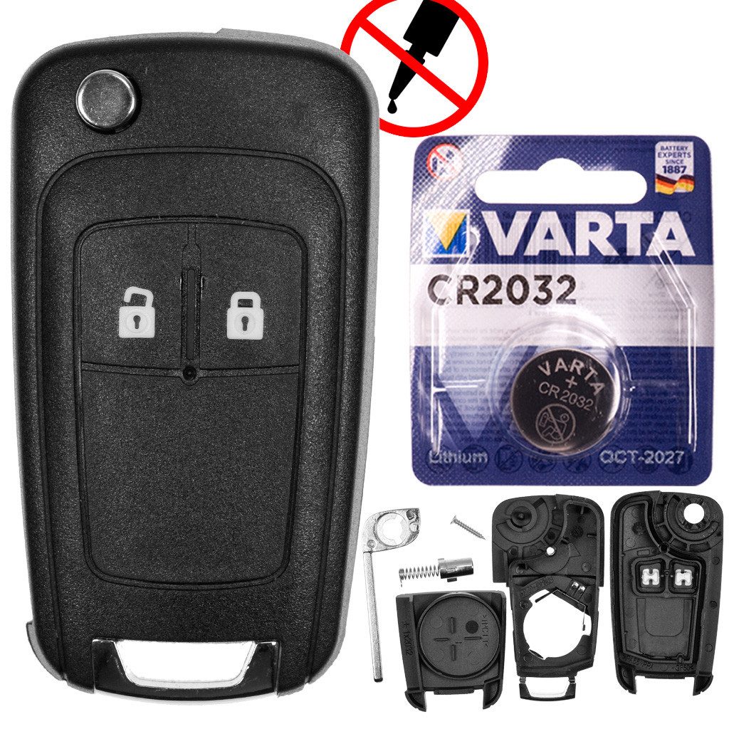 mt-key Auto Klapp Schlüssel Ersatz Gehäuse 2 Tasten + Rohling + VARTA CR2032 Knopfzelle, CR2032 (3 V), für OPEL MERIVA ASTRA J ADAM CORSA E ZAFIRA Funk Fernbedienung