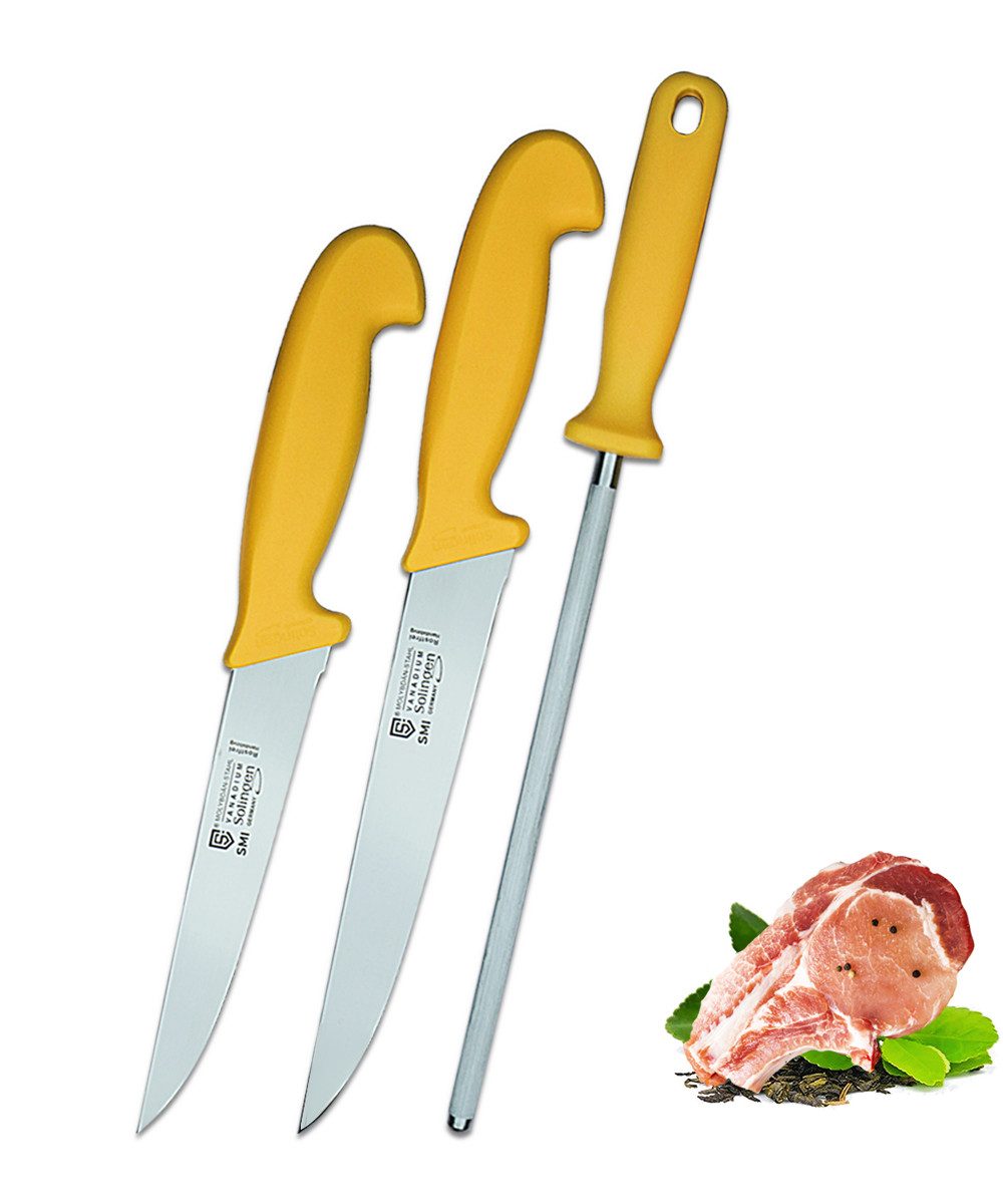 SMI Kochmesser 3-tlg Küchenmesser set Solingen Fleischer Metzgermesser Wetzstahl