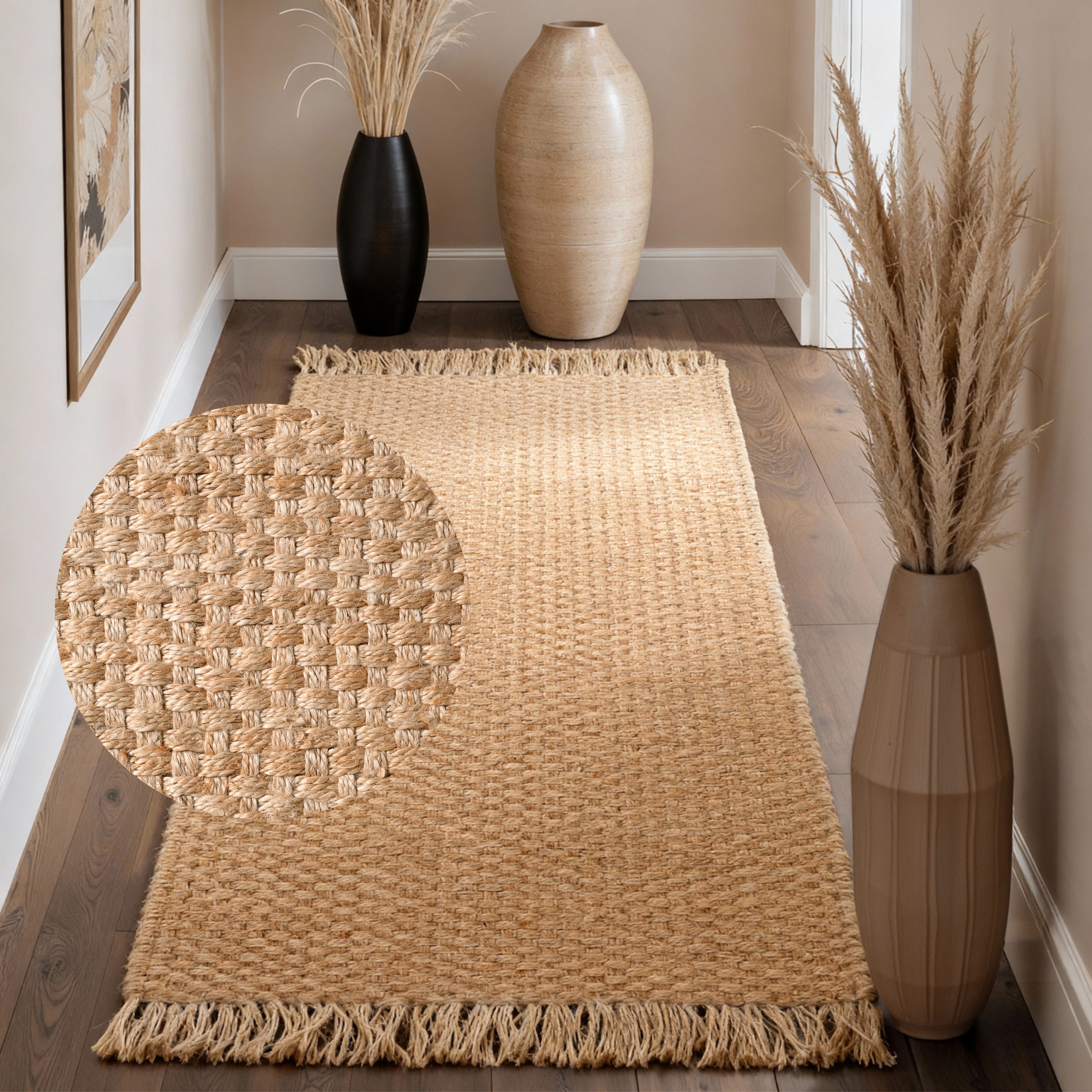 HANSE Home Teppich Fjord, rechteckig, Höhe: 10 mm, Jute, Handgemacht, Naturteppich, Wohnzimmer, Läufer, Fransen