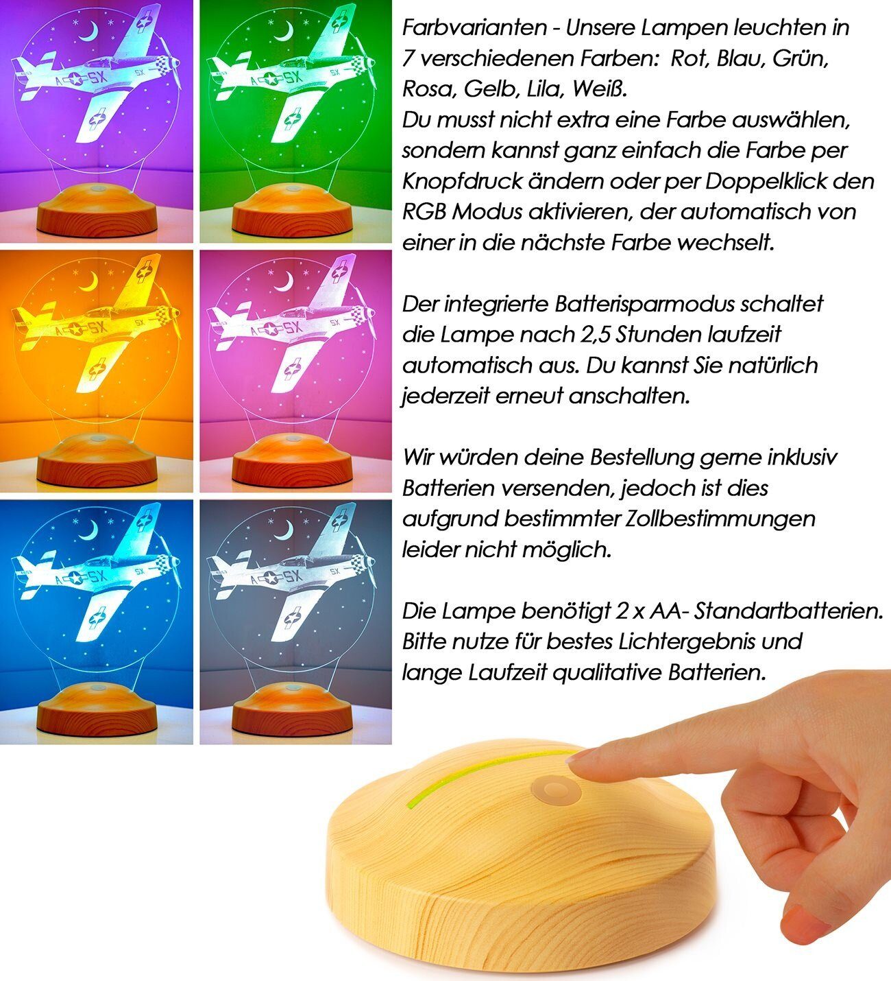 Reiseliebhaber, für Nachttischlampe 7 Babys, integriert, 3D für Nachtlicht Leuchte Farben fest LED Geburtstagsgeschenk Kinder Geschenkelampe Geschenk Flugzeug