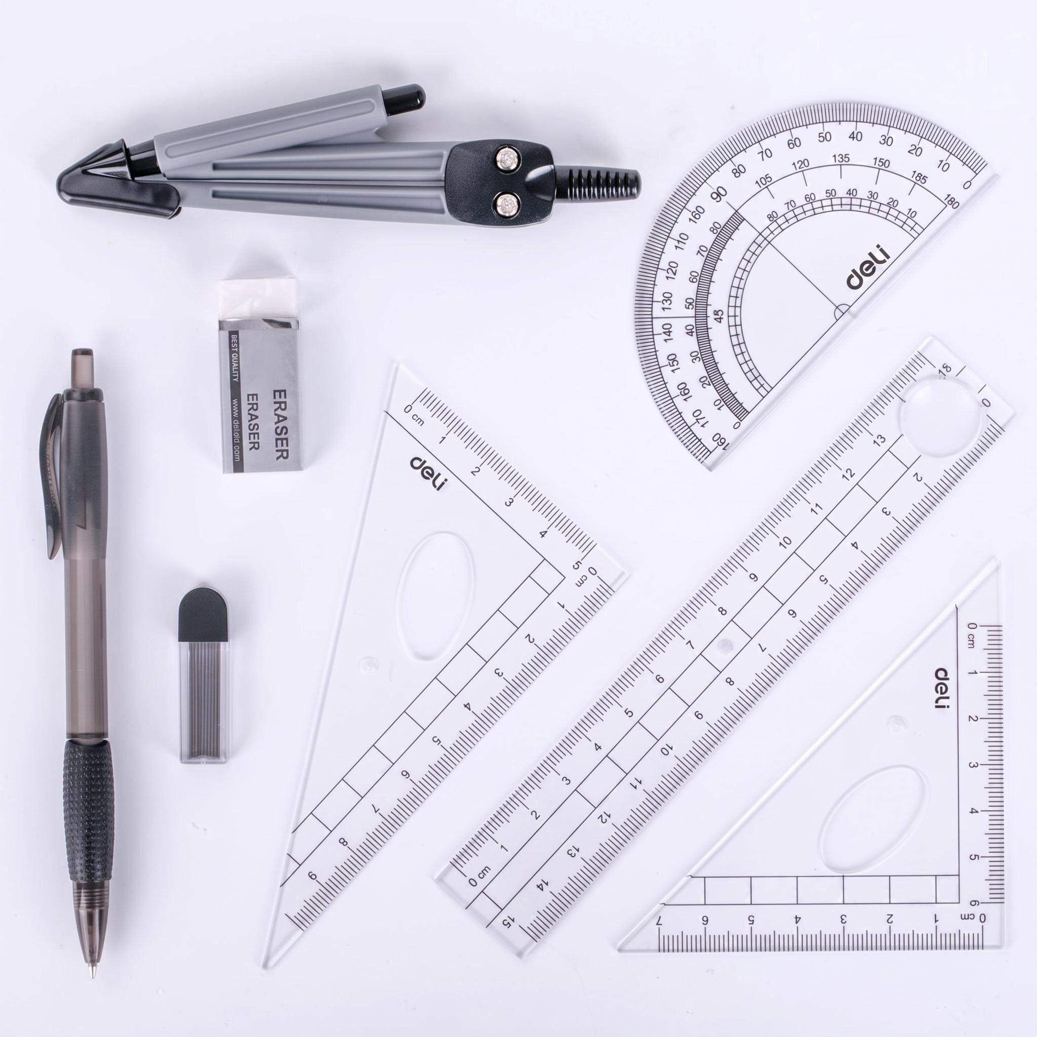 GarveeMore Geodreieck Geometrie-Set 8-teilig – Zirkel, Lineal, Dreiecke, Winkelmesser, Zirkel mit integriertem Minenstift – robustes Metall, Box – Bild 5 von 5