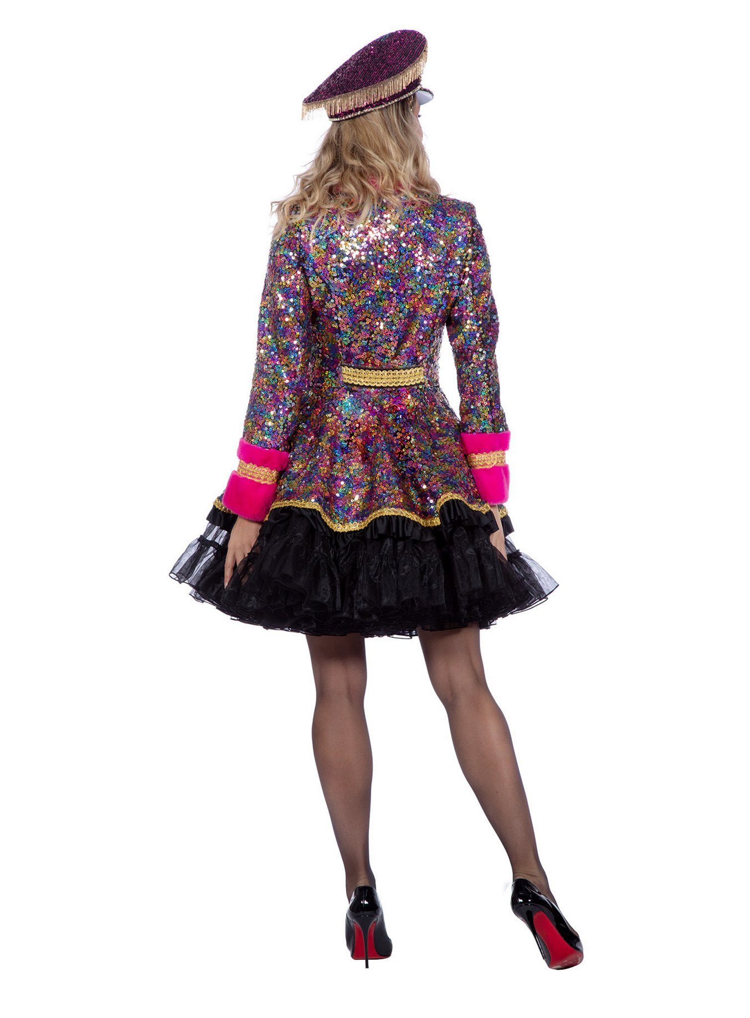 Metamorph Kostüm Gardejacke für Damen mit bunten Pailletten, Damenmantel für Karneval mit unzähligen bunten Pailletten