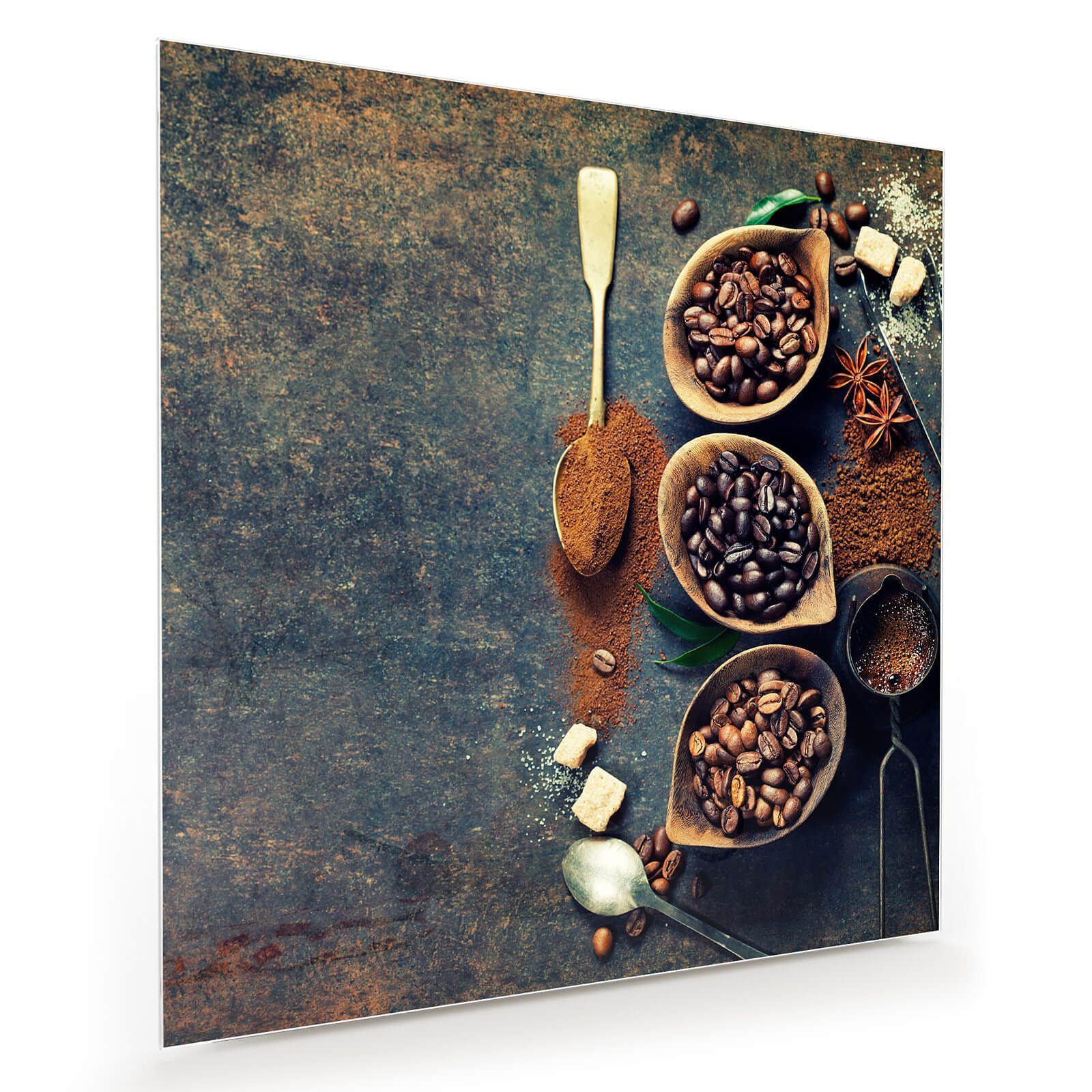 Glasbild Wandbild Quadratisch Verschiedene Kaffeesorten mit Aufhängung