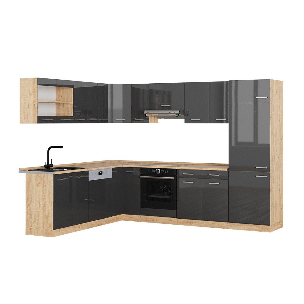 Vicco Winkelküche R-Line, Anthrazit Hochglanz/Goldkraft Eiche, 287 x 227 cm ohne Arbe...