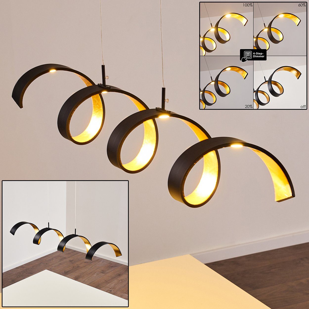 hofstein Pendelleuchte »Delia« dimmbare Hängelampe aus Metall in Schwarz/Gold, 3000 Kelvin, längliche Hängeleuchte, Höhe max. 120cm, 20 Watt, 1200 Lumen