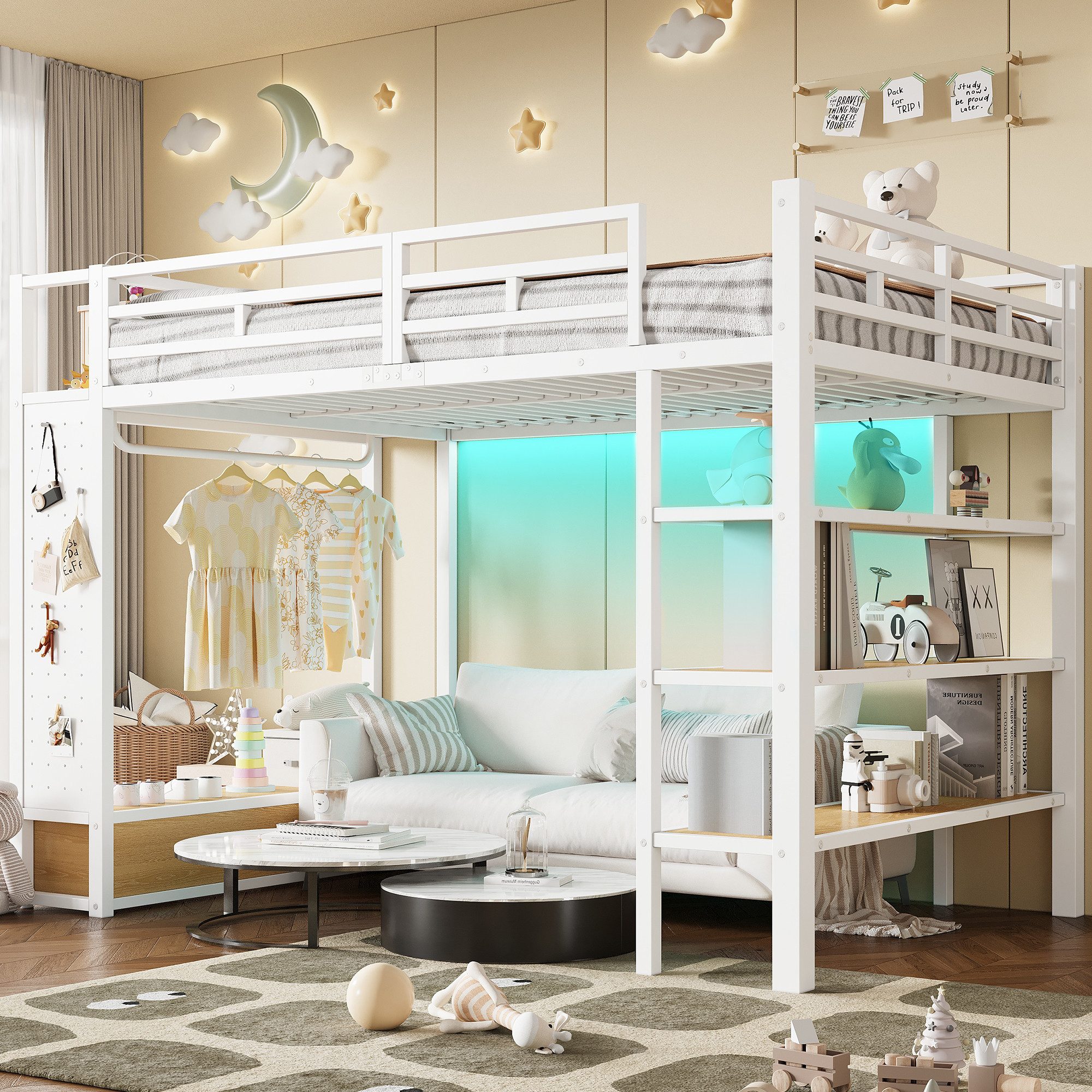 Merax Hochbett 140x200cm mit LED-Beleuchtung (Jugendbett Metallbett Loftbett, 1-St) Kinderbett mit offenem Kleiderschrank,Ablagefächern,Lochwand,Stauraum