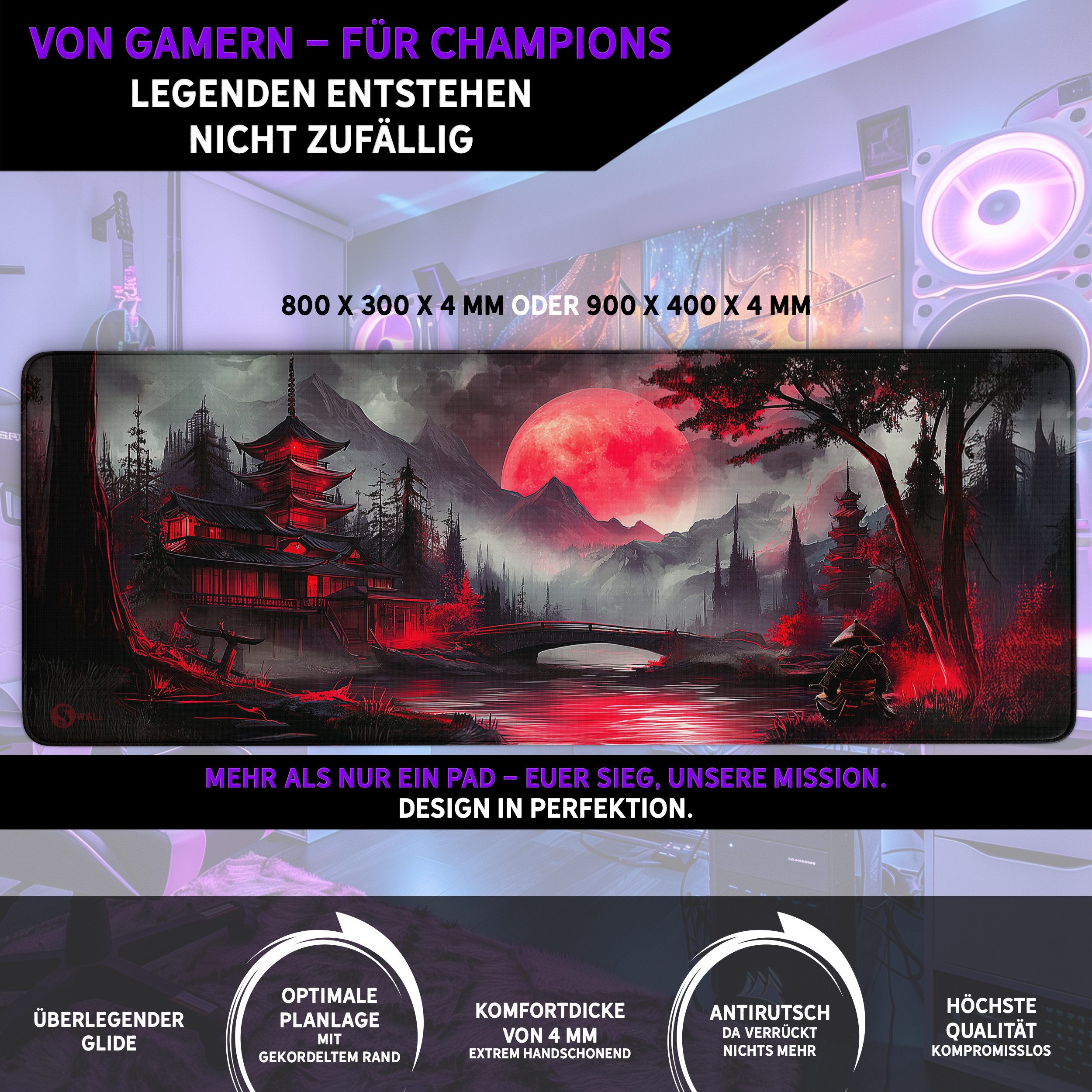 Sunnywall Gaming Mauspad Speed Mousepad XXL Premium 4 mm - Red Moon Mond Japan Tempel (inkl. Wallpaper), 45x40, 80x30, 90x40 cm, rutschfest, vernähte Ränder, Ti – Bild 3 von 5