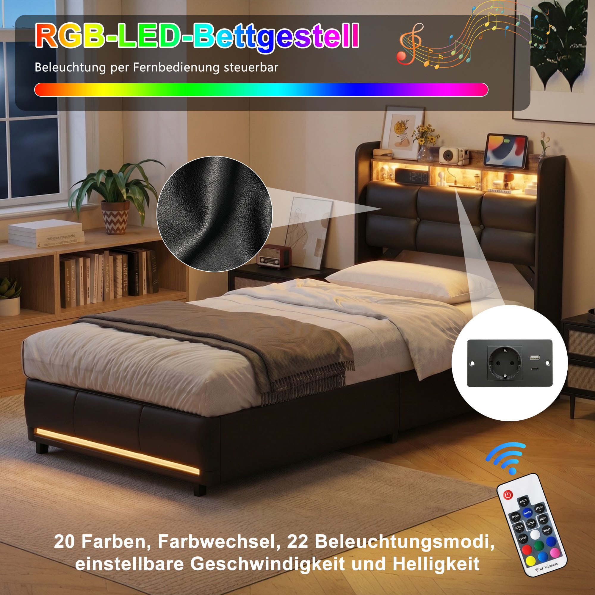 Simurq Polsterbett 90x200 mit Bettkasten, Einzelbett, Jugendbett, Bettgestell
