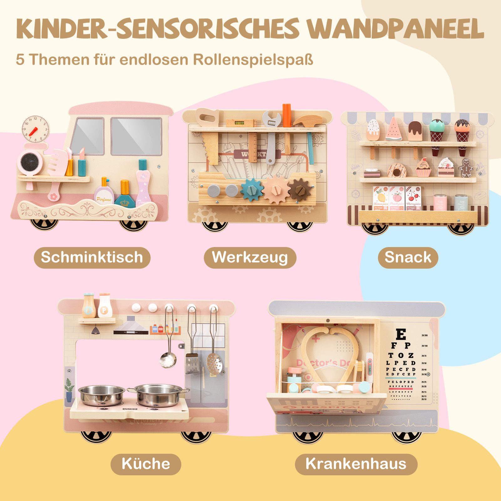 COSTWAY Motorikbrett, Wandmontiertes Activity Board mit Spielküche & Snackbar