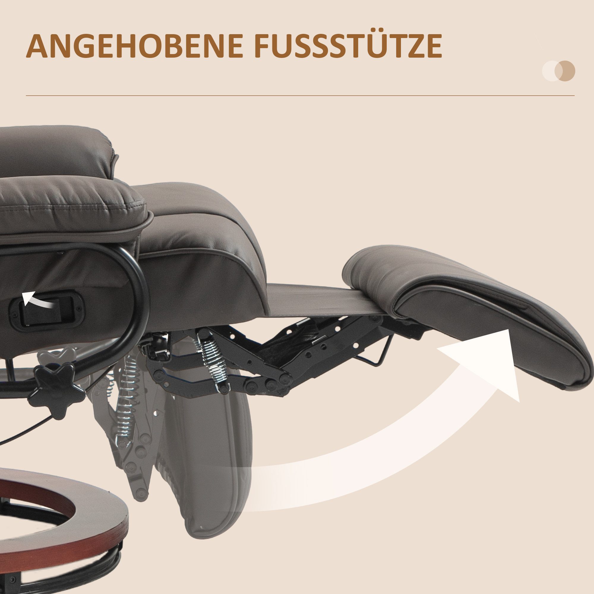 HOMCOM Relaxsessel Fernsehsessel mit Liegefunktion, Drehbarer Ruhesessel TV-Sessel mit Verstellbarer Rückenlehne Liegesessel bis 150 kg Belastbar, Kunstleder, B – Bild 5 von 5