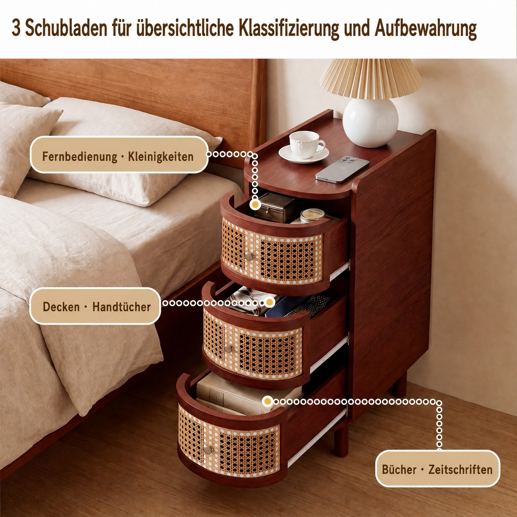 FUFU&GAGA Nachttisch schmal 26cm Rattan, Nachtkonsole für Boxspringbetten – Bild 3 von 5