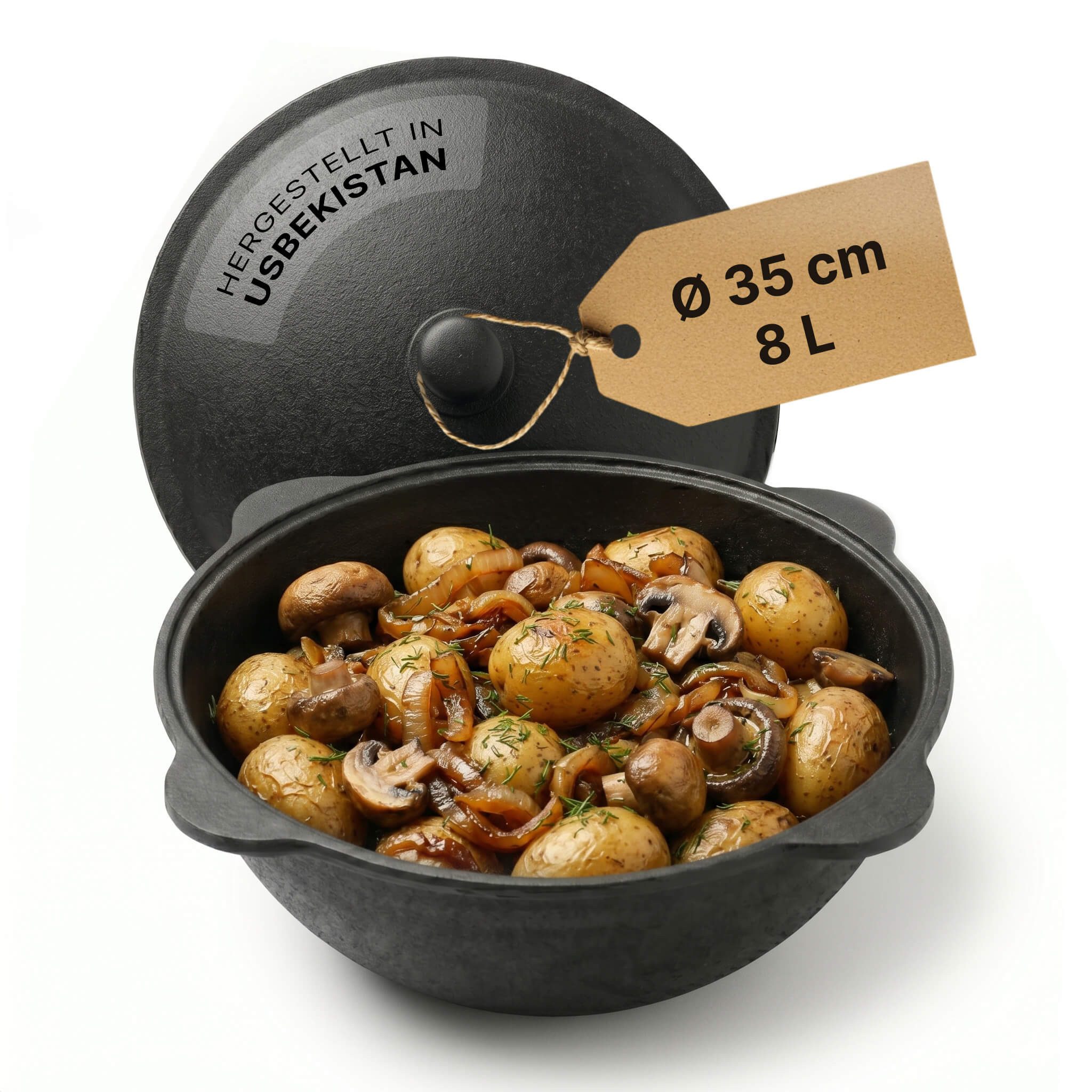 BIG-PAN Wok Gusseisen Kazan 8L mit Deckel Feuertopf für Camping Grill Dutch Oven, (Feuertopf Schwenktopf Dutch Oven, Uzbekischer Kessel Namangan), asiatischer Topf für Plov Wok Eintöpfe