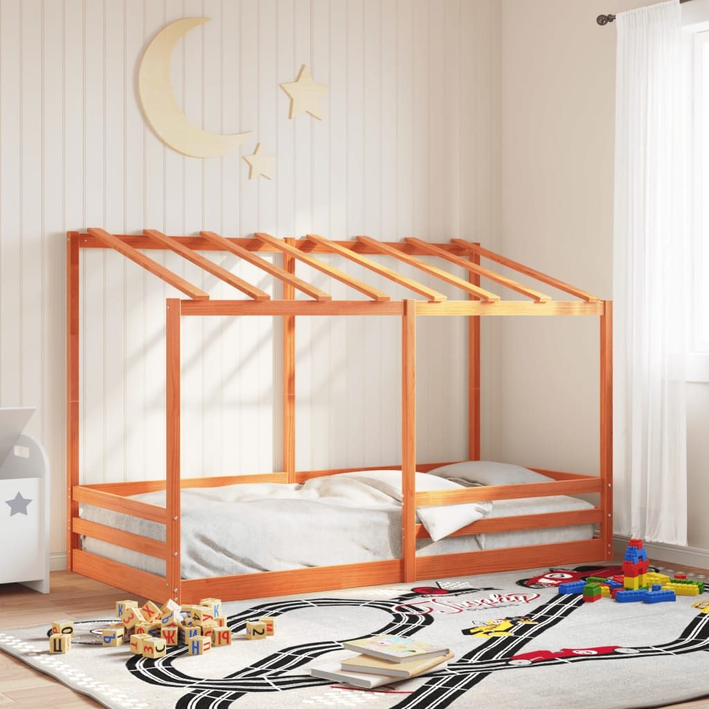 vidaXL Bett, Kinderbett mit Dach Wachsbraun 90x200 cm Massivholz Kiefer günstig online kaufen