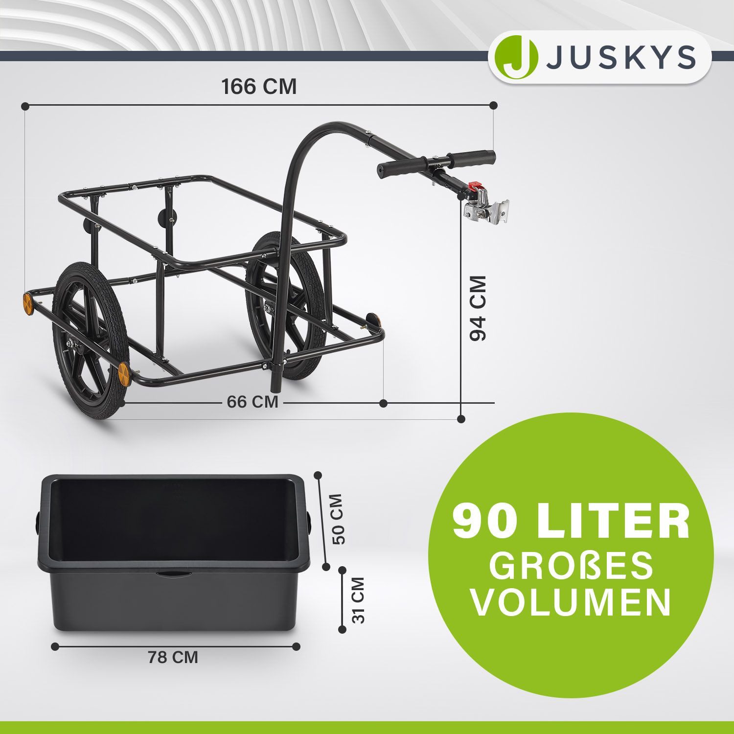 Juskys bicycle cargo trailer, 90 L volume, with handles, including protective cover, for 26/28 inch wheels