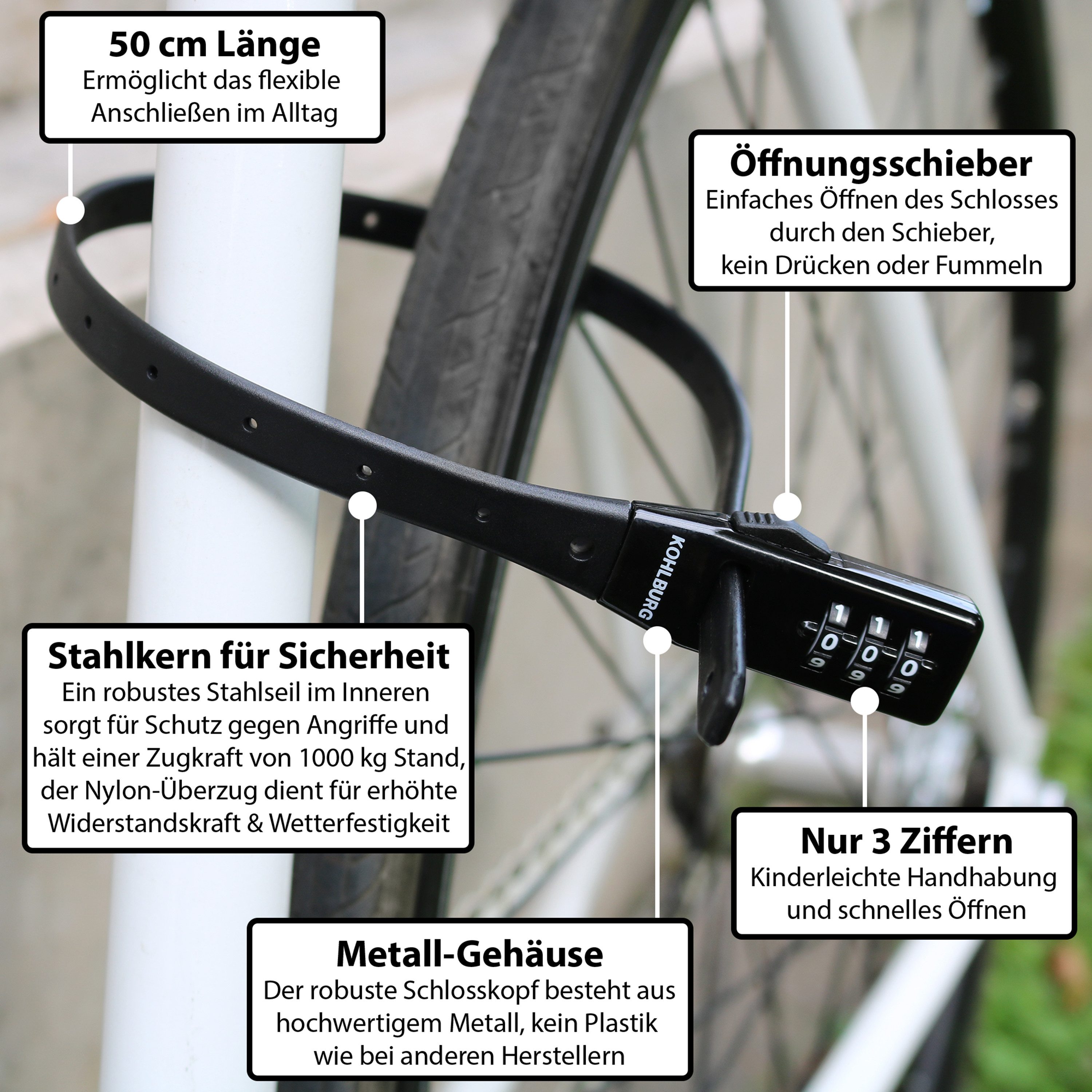KOHLBURG Zahlenkabelschloss [70g leicht, 50cm, sicher] Kleines Kabelbinder Schloss mit Zahlencode, Rennrad Scooter Roller • Helmschloss Skischloss Kinderschloss