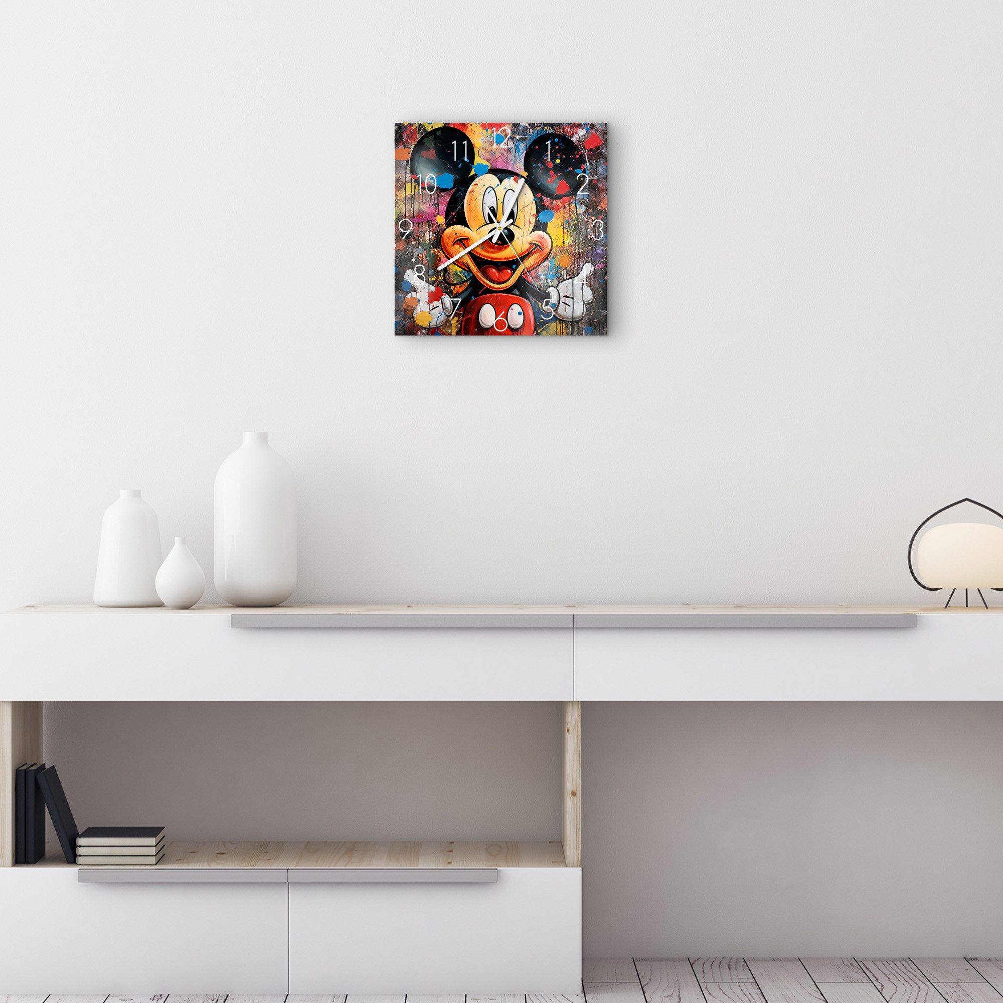 DEQOART Wanduhr 'Mickey im Farbenzauber' (Glas Glasuhr modern Wand Uhr Design Küchenuhr)