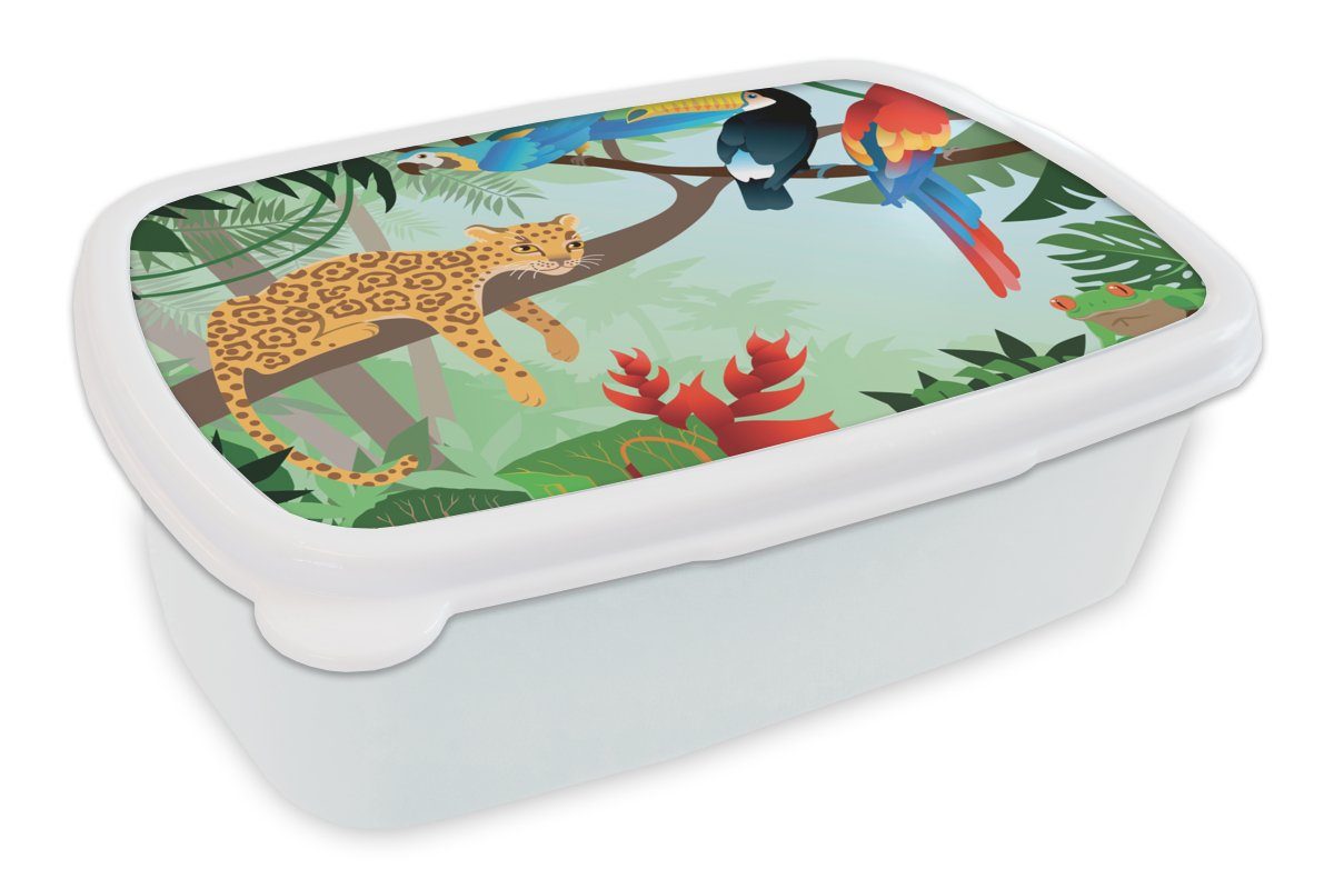 MuchoWow Lunchbox Dschungeltiere - Tukan - Jungen - Mädchen - Leopard, Kunststoff, (2-tlg), Brotbox für Kinder und Erwachsene, Brotdose, für Jungs und Mädchen weiß