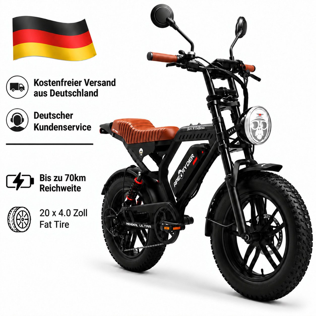 APE RYDER E-Bike Mountainbike 20 Zoll Fatbike 48V 15Ah Akku, bis 80 km, Shimano 7-Gang, hydraulisch, 7 Gang, Heckmotor, 720 Wh, (Packung)
