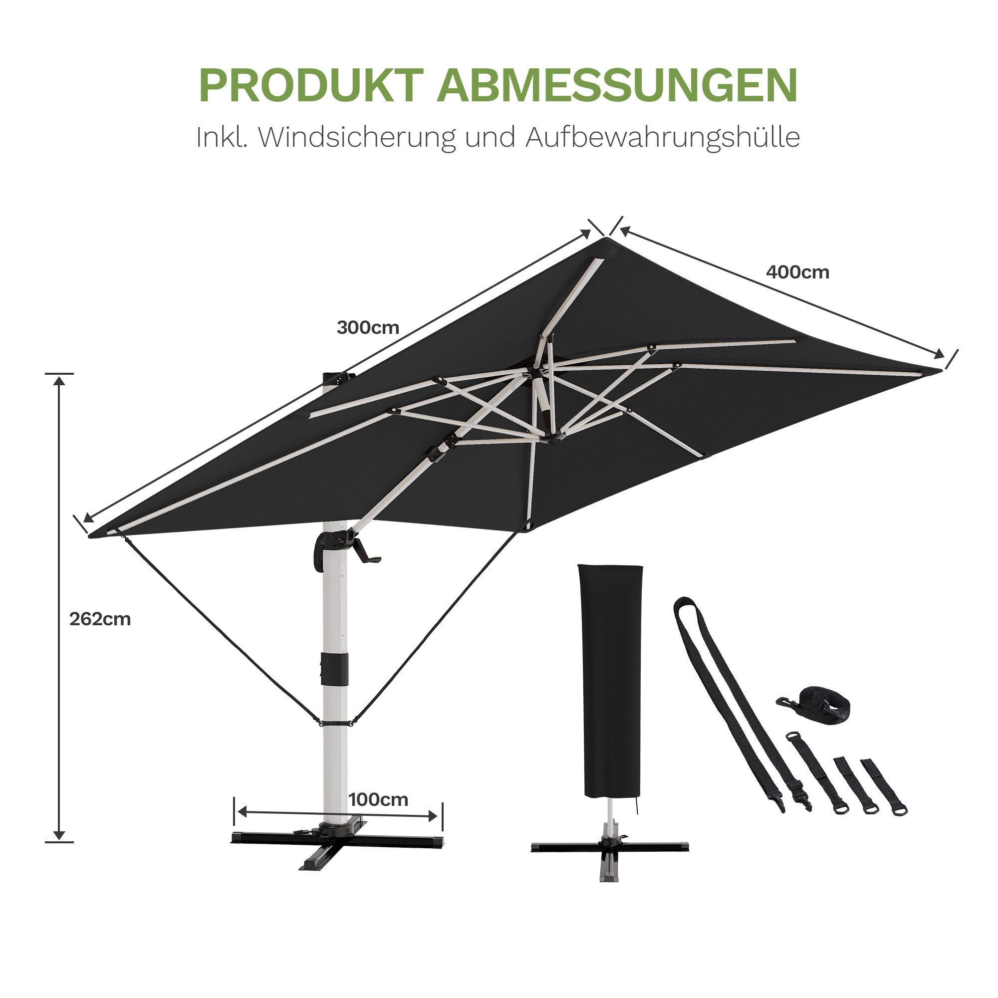 HOMALL Sonnenschirm 300x400 cm Ampelschirm mit Ständer, 360 Grad drehbar, UV-Schutz 50+, 300*400CM, φ330CM, 270*270CM, Gewicht 18-28KG, faltbar, geeignet für Ga – Bild 4 von 5