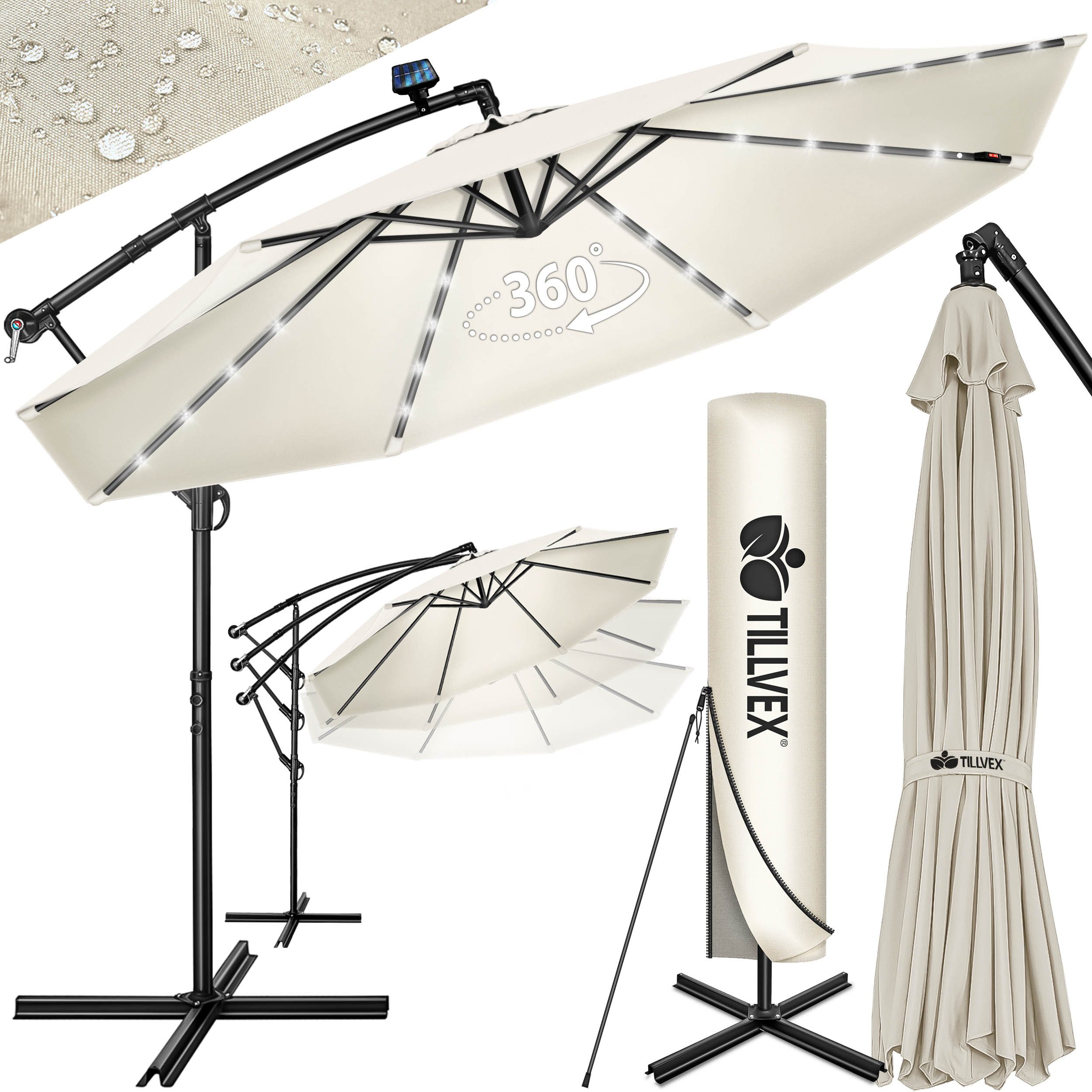 tillvex Sonnenschirm tillvex® Sonnenschirm LED Solar Ø 3m Ampelschirm Balkon Gartenschirm, Alu Ampelschirm + Abdeckung LED Solar Ø 350 cm mit Kurbel, Abdeckung + Ständer, Gartenschirm UV-Schutz Aluminium, Kurbelschirm Marktschirm wasserdicht 360° drehbar