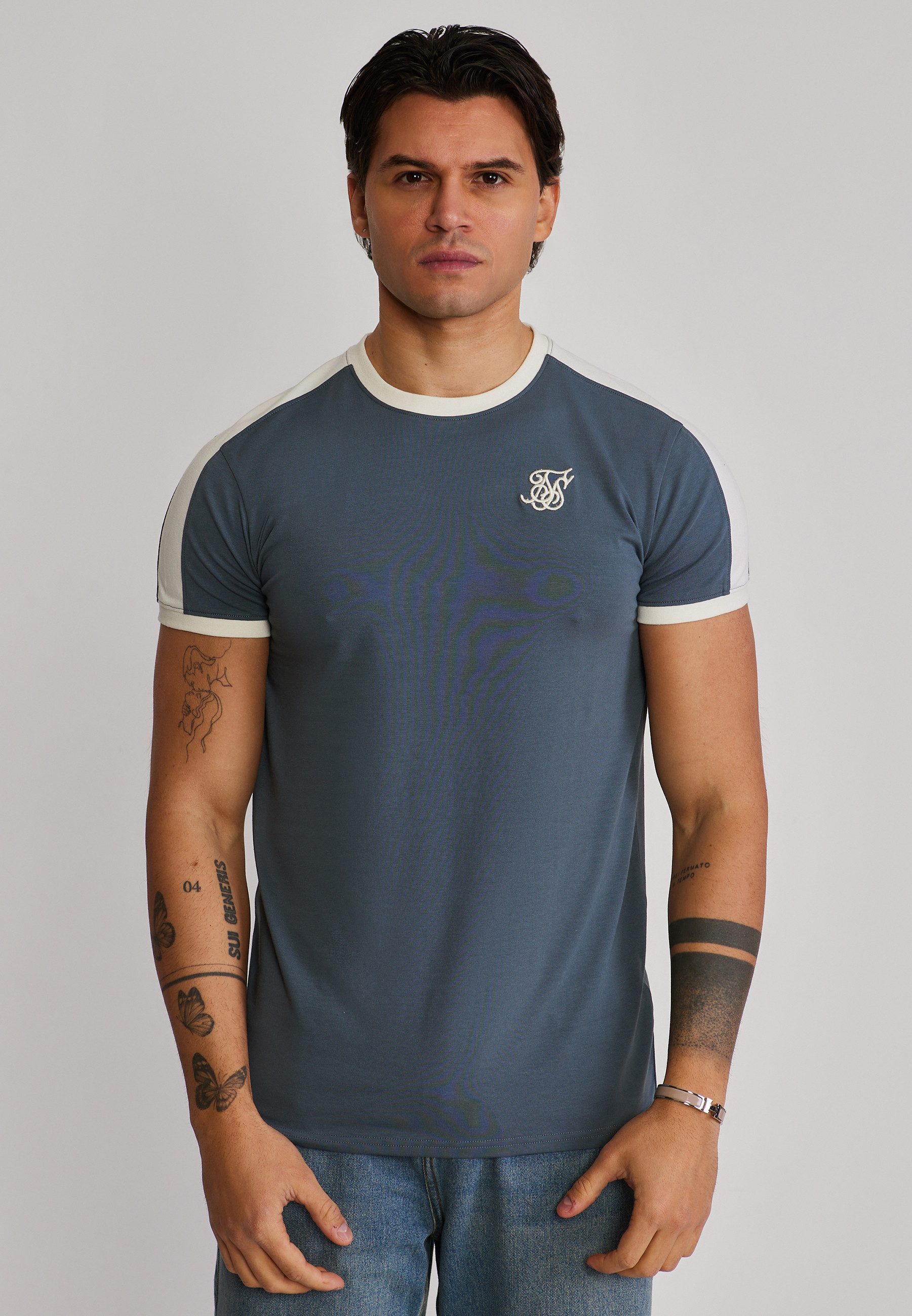 Siksilk T-Shirt SikSilk Herren Blau and Ecru Stripe Ringer T-Shirt