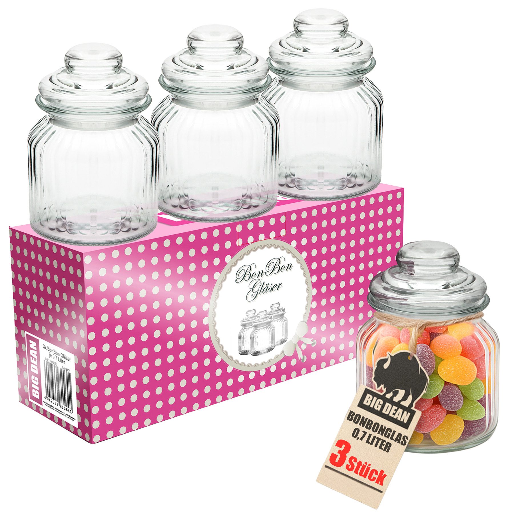 BigDean Vorratsglas Bonbonglas mit Deckel 700ml 3 Stück Vintage Vorratsgläser für Candy, Glas, (Set, 3-tlg., BonBongläser), Borosilikat Glas, Spülmaschinen Fest, Lebensmittelecht.