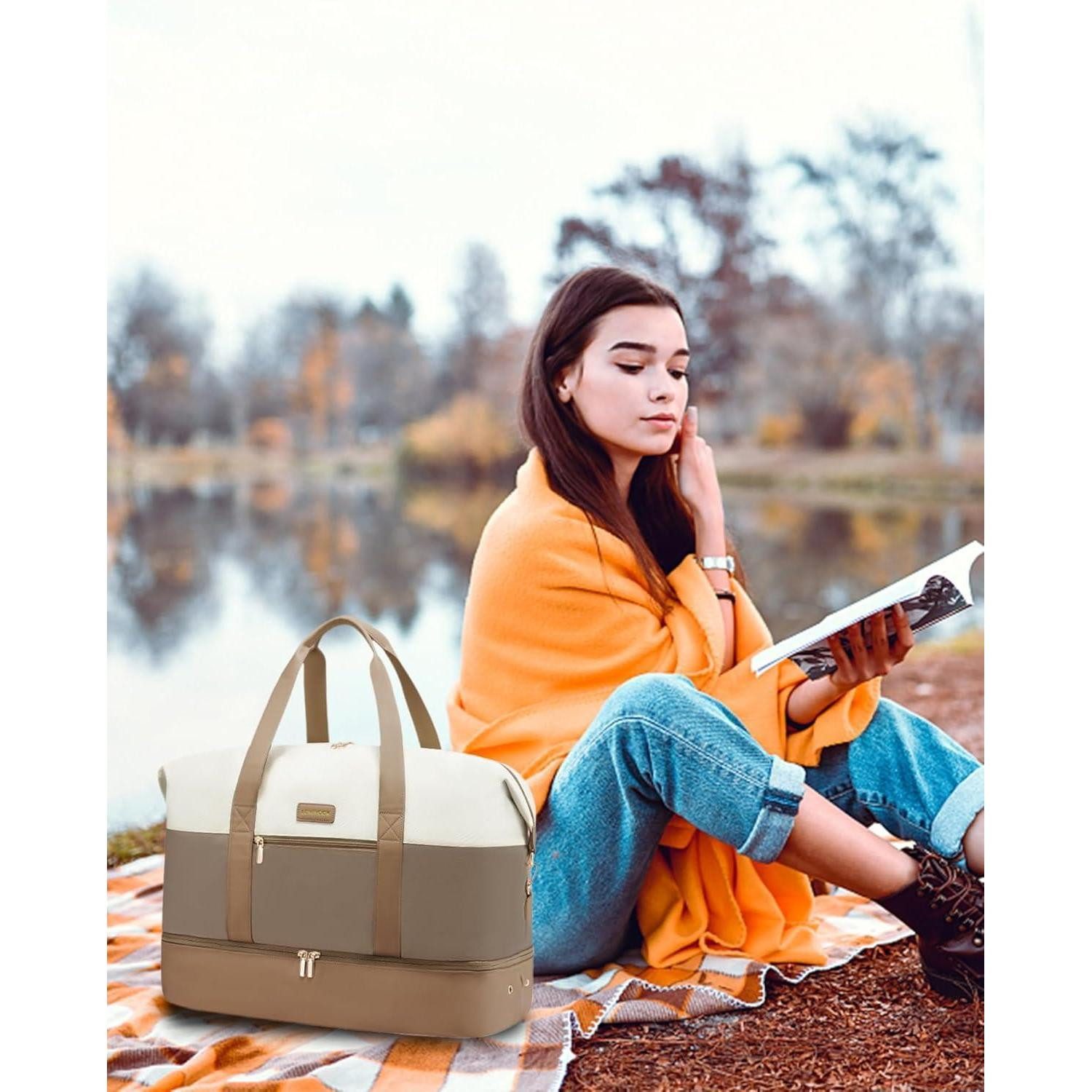 LuxusKollektion Weekender Reisetasche Damen Weekender Handgepäck 60L Beige günstig online kaufen