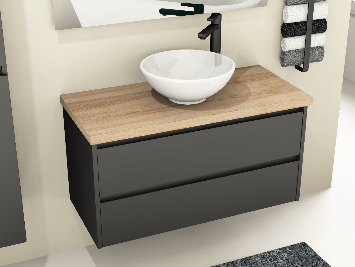 Aqua Bagno Badmöbel-Set Duo Badmöbel 100 cm Anthrazit Matt Lackiert mit Trägerplatte & Becken, (Badschrank vormontiert, 3-St., Badmöbelschrank mit Trägerplatte, Waschbecken), einfache Montage